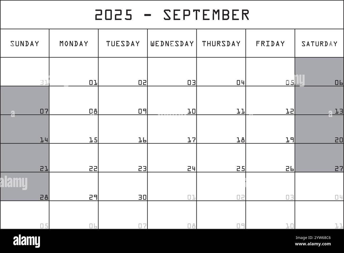 Blank Calendar September 2025 Large Numbers
