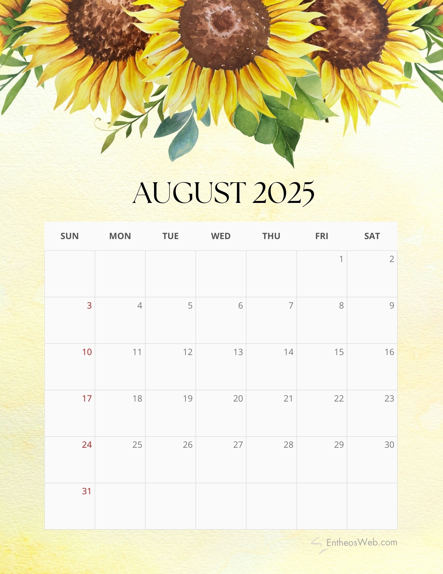 August Printable Blank Calendar 2025