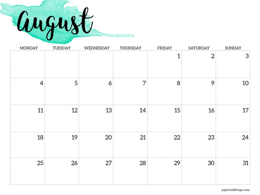 2025 Monday Start Calendar Printable Watercolor Paper Trail Design