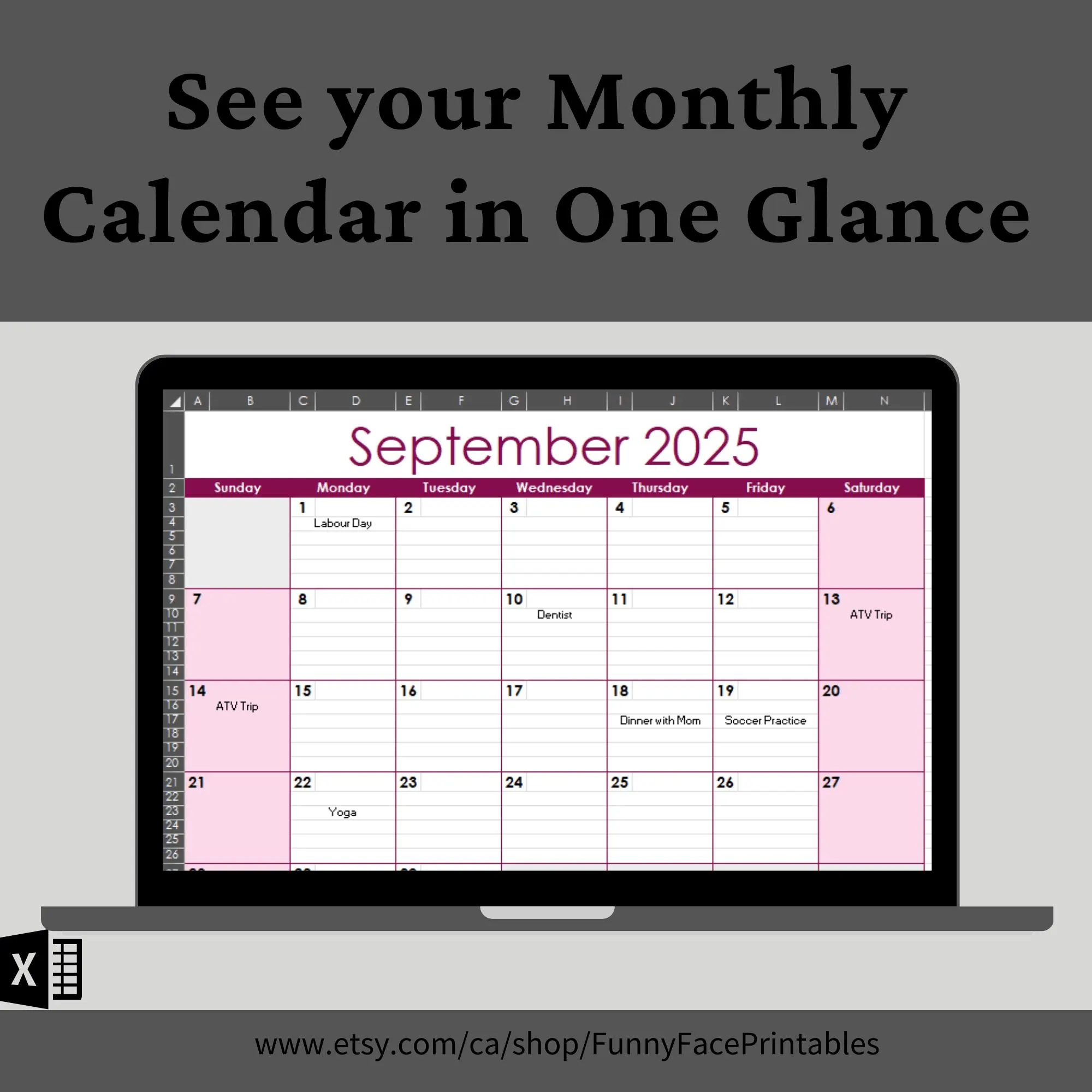 2025 Monthly Calendar Template Excel Monthly Calendar Template Editable Monthly Planner Template Monthly Calendar Excel Calendar Template Etsy