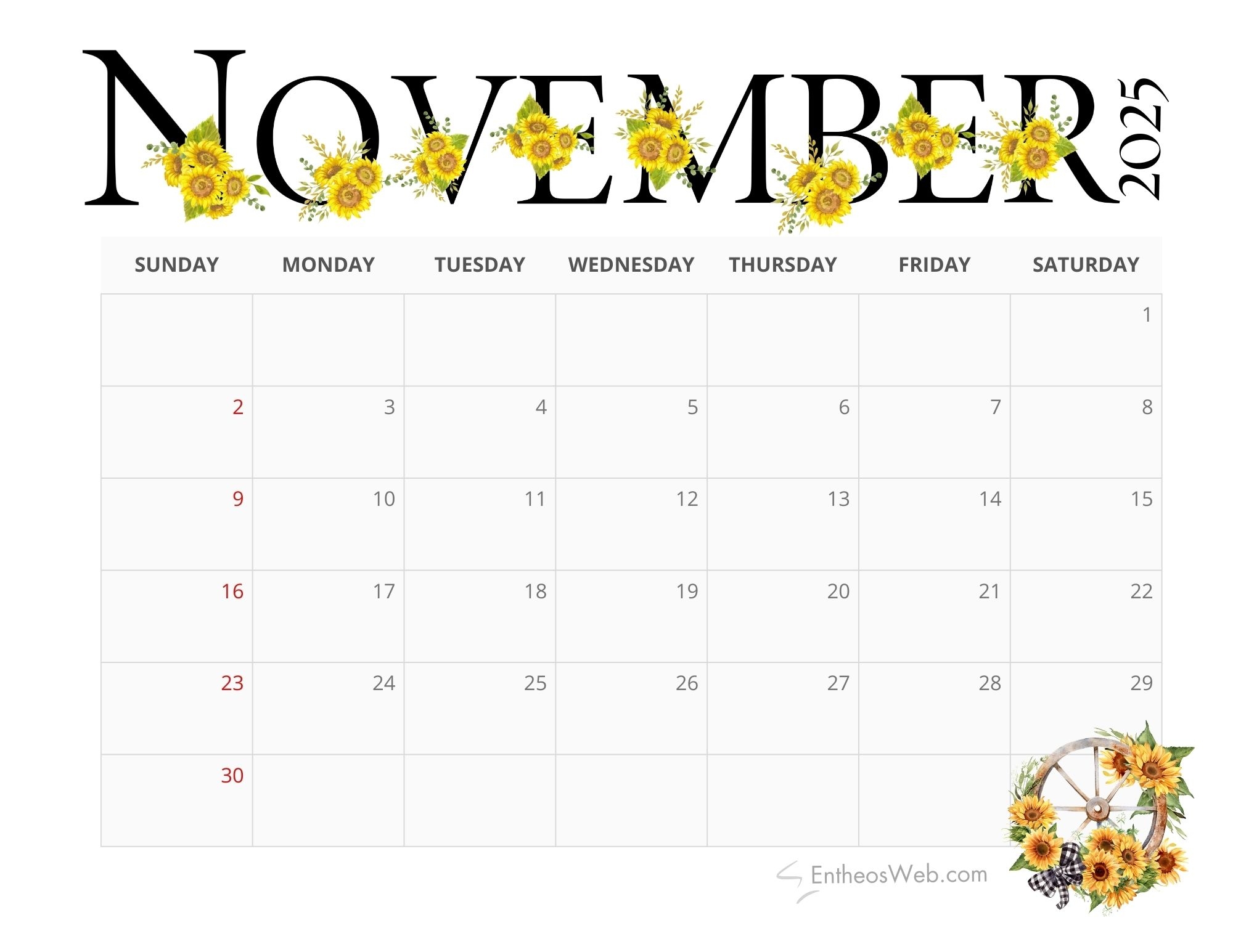 2025 Sunflowers Calendar Printable EntheosWeb