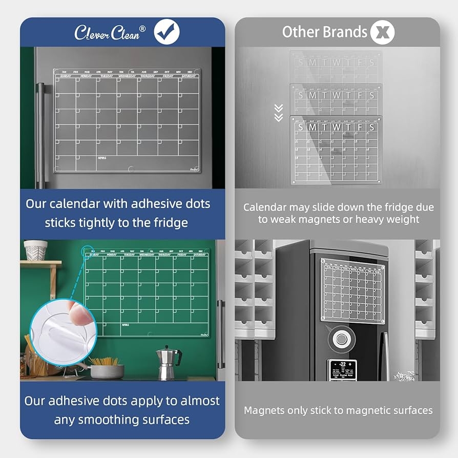 Amazon Clear Non Magnetic Calendar Set For Fridge 17 x12 Dry Erase Transparent Monthly Weekly Calendar And Blank Board Sticks To Wall Glass Door Any Smooth Surfaces Office Products
