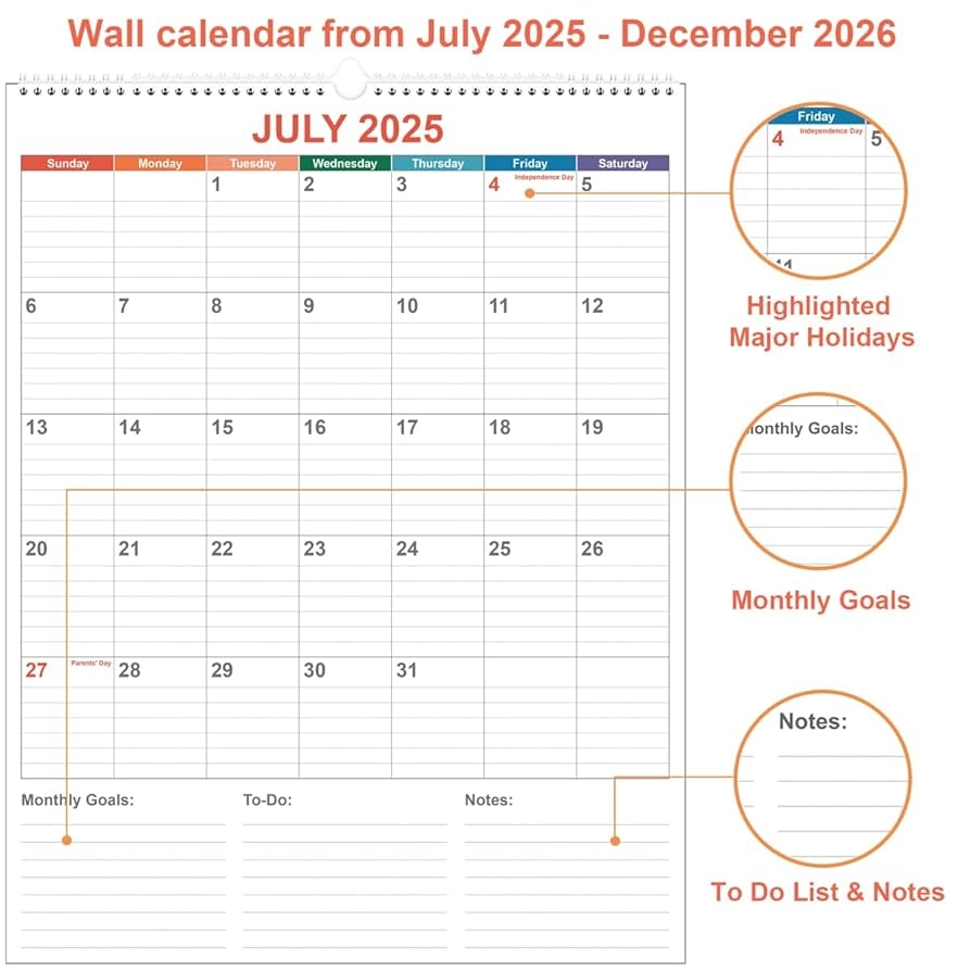 Amazon Large Calendar 2025 2026 With Spiral Bound 18 Month Big Calendar From July 2025 To December 2026 Vertical Large Monthly Planner 2025 2026 For Wall Calendario 2025 26 22 X 17 Colorful Office Products
