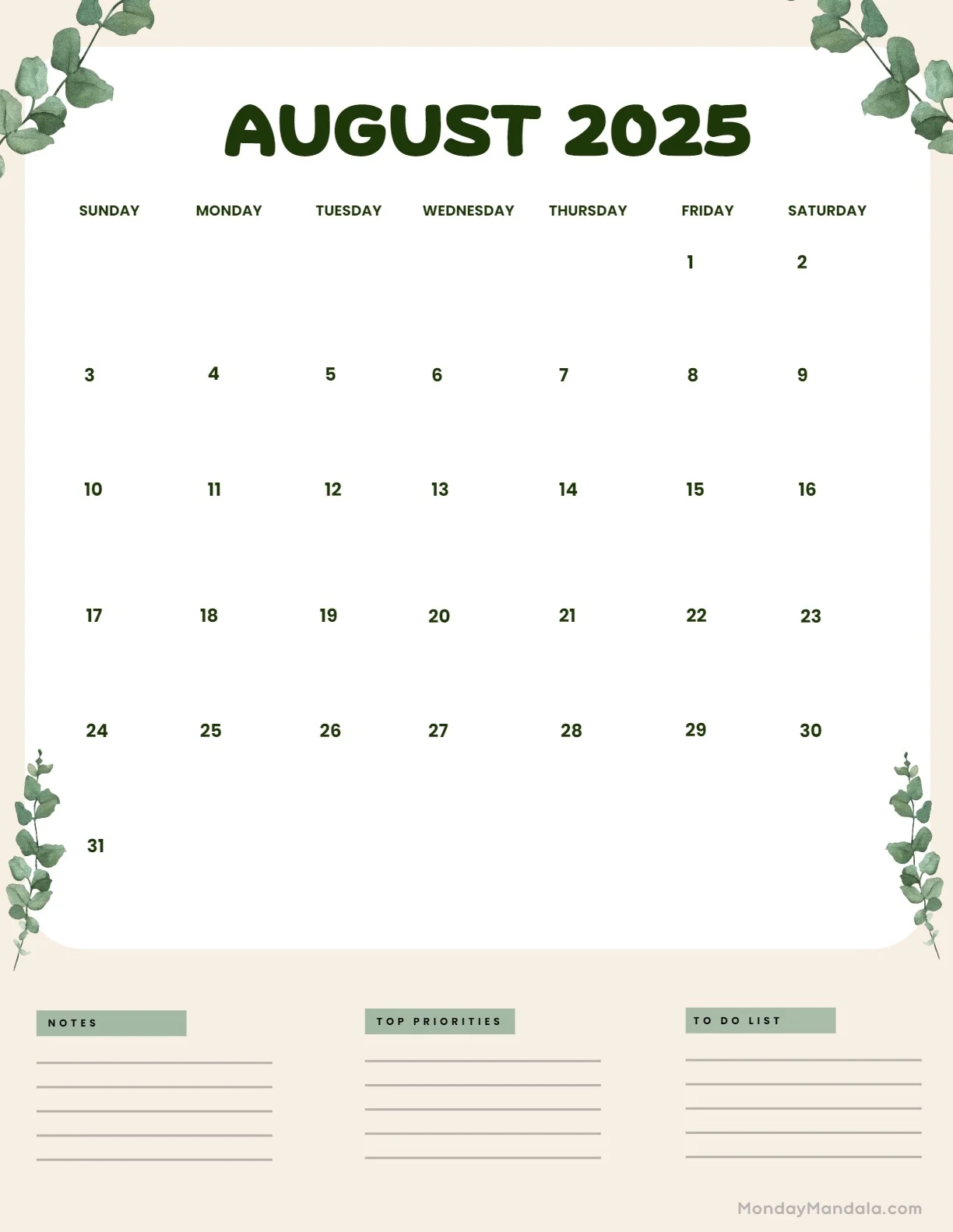 Print Blank Calendar Page August 2025
