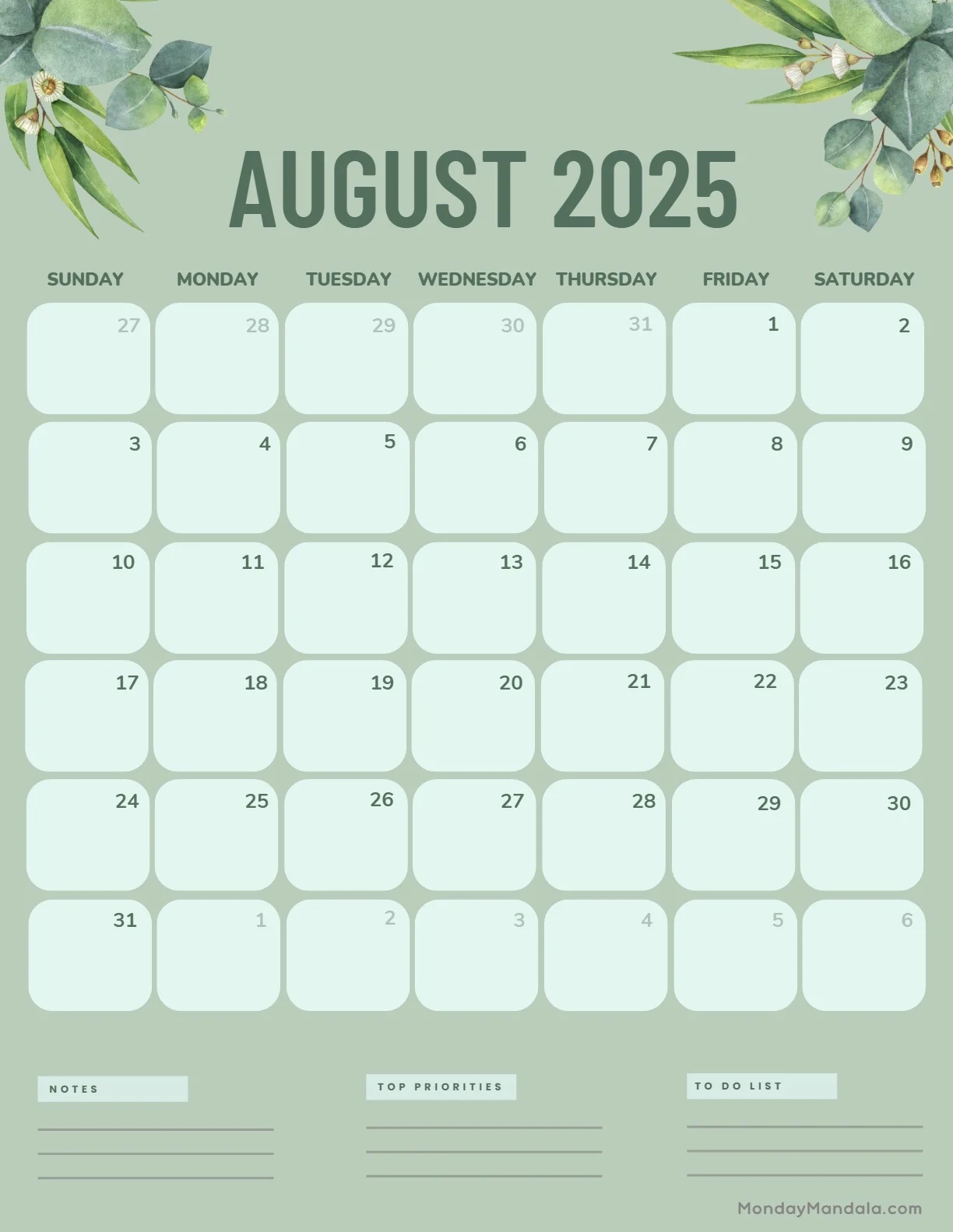 2025 Calendar Blank August