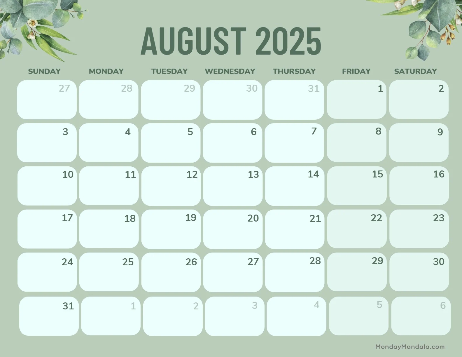 August 2025 Blank Training Calendar