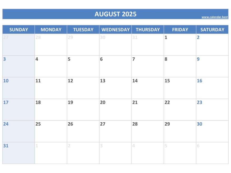 August 2025 Calendar Calendar best