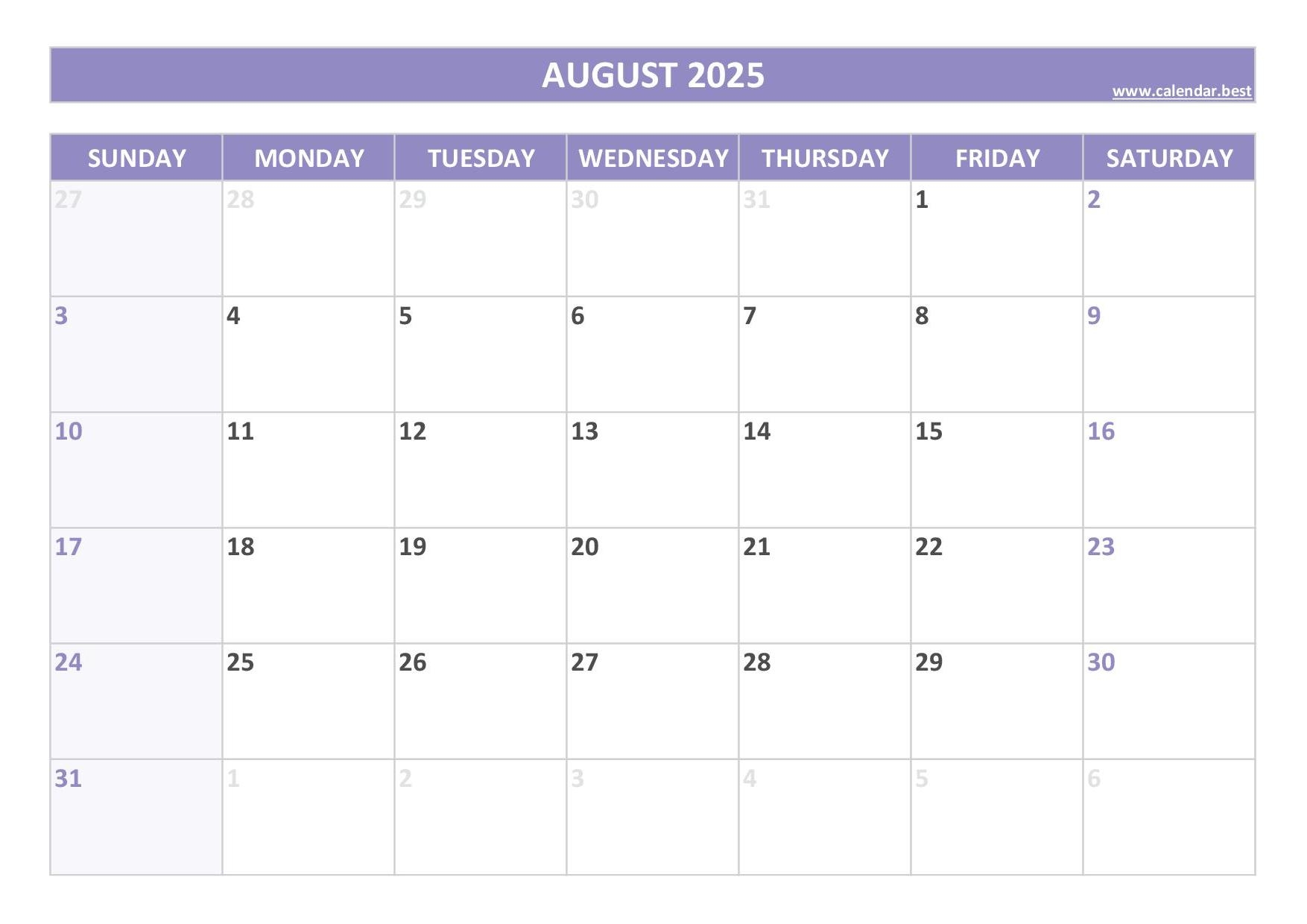 Calendar Blank August 2025