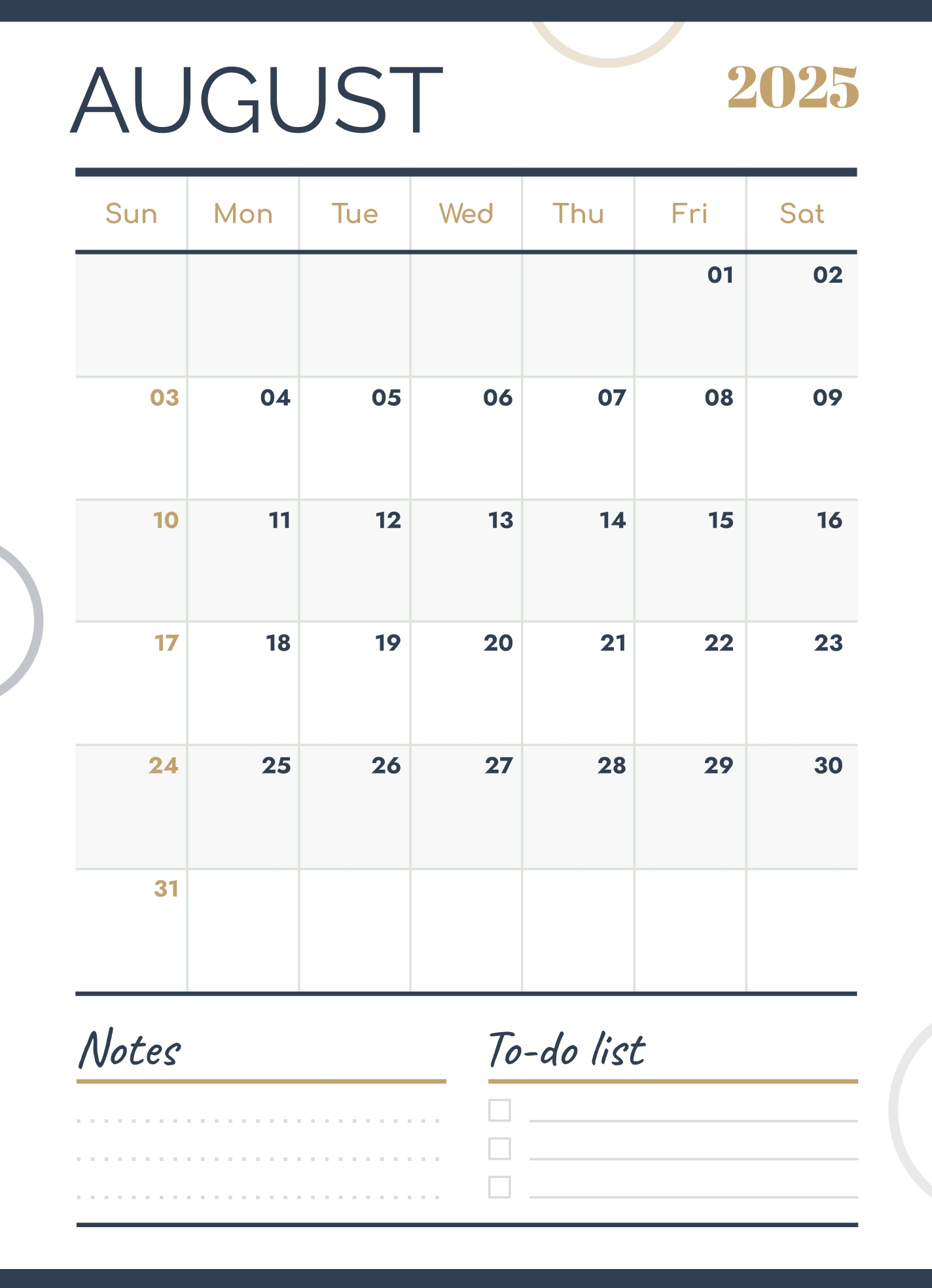 August 2025 Blank Horizontal Calendar Template