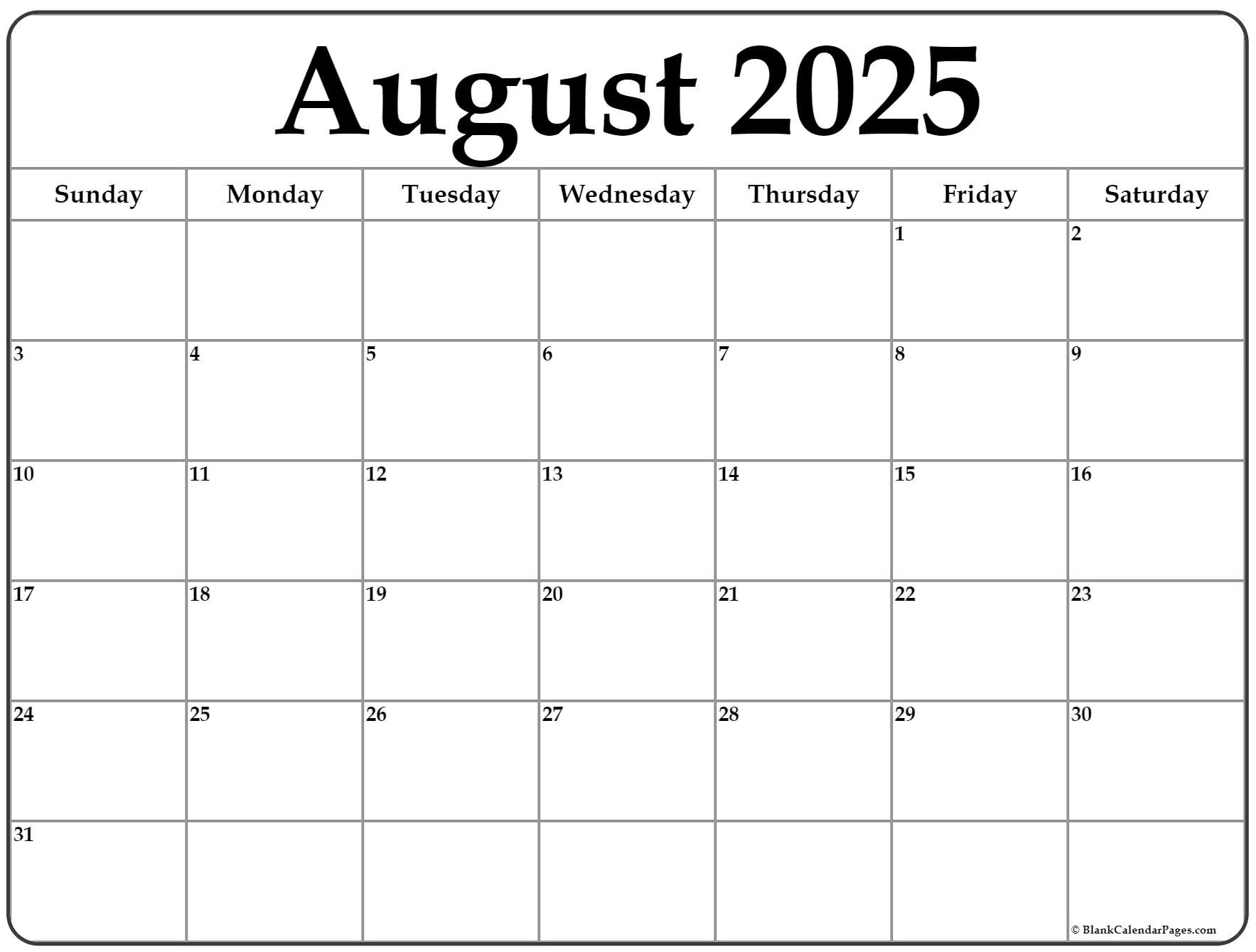 August 2025 Calendar Free Printable Calendars