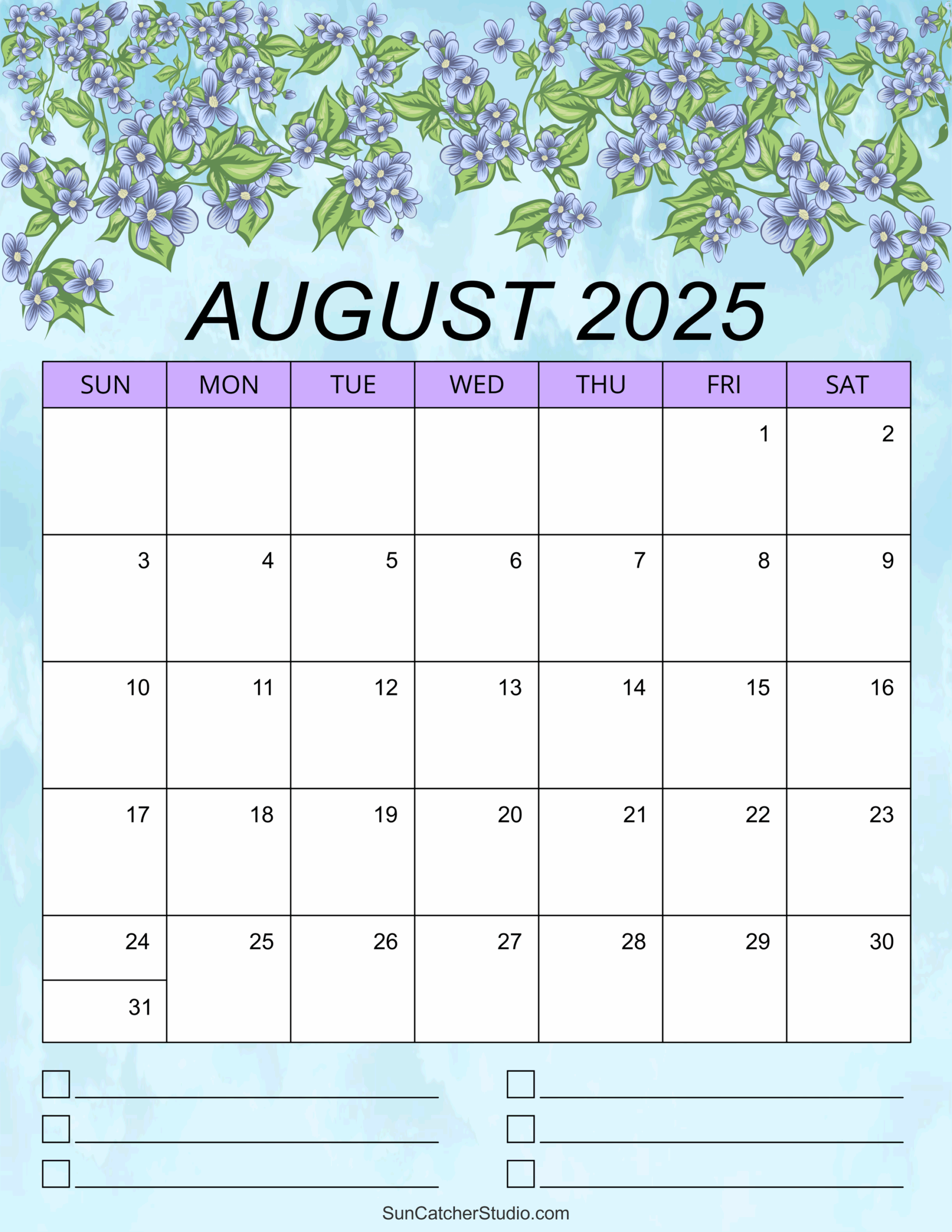 Blank 2025 Calendar Augut
