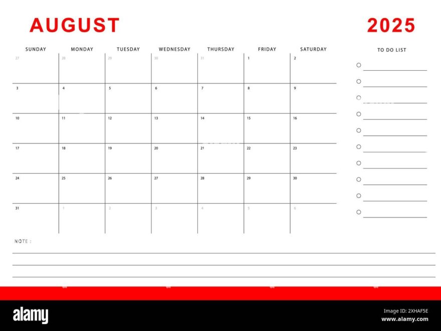 August 2025 Calendar Monthly Planner Template Sunday Start Vector Design Stock Vector Image Art Alamy