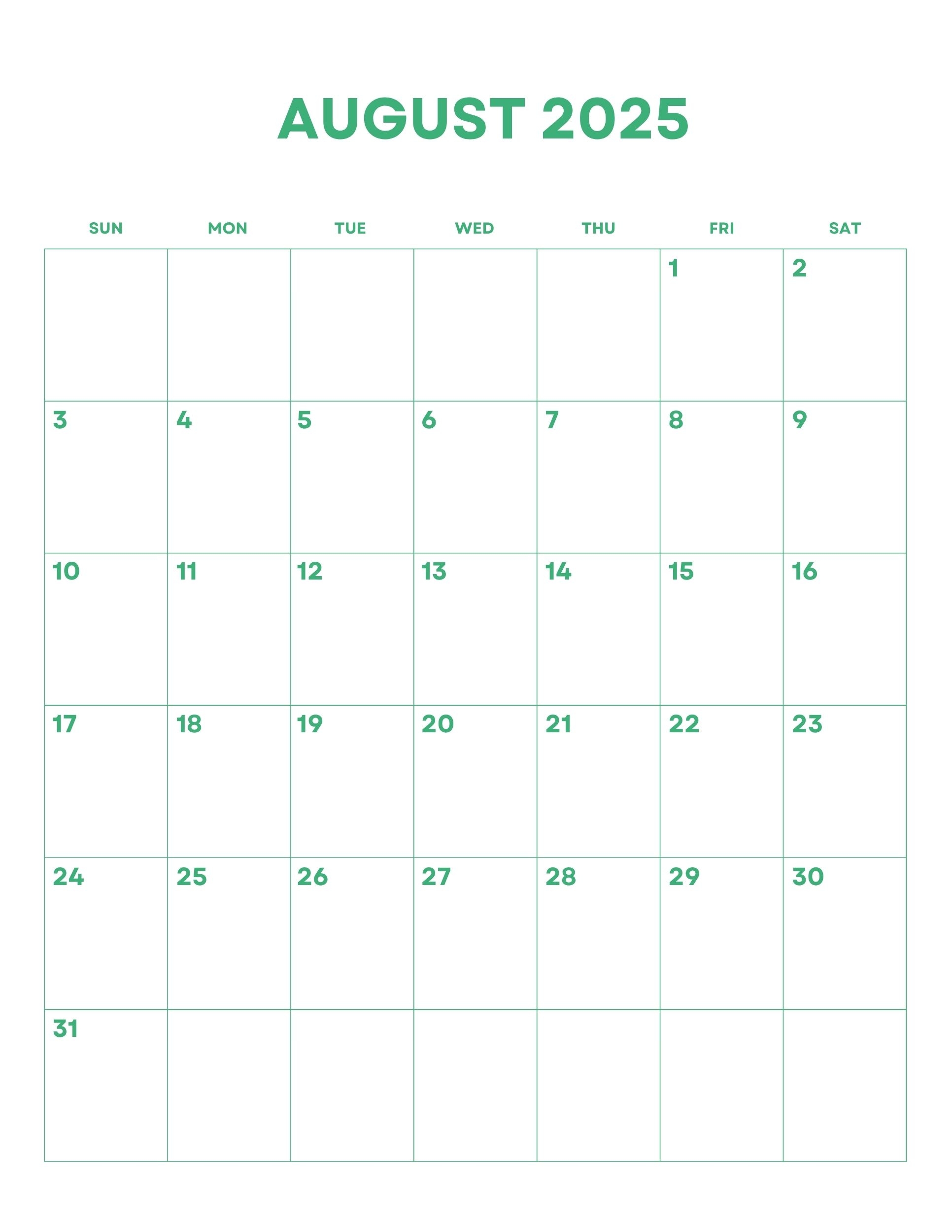 August 2025 Calendar Printable Free
