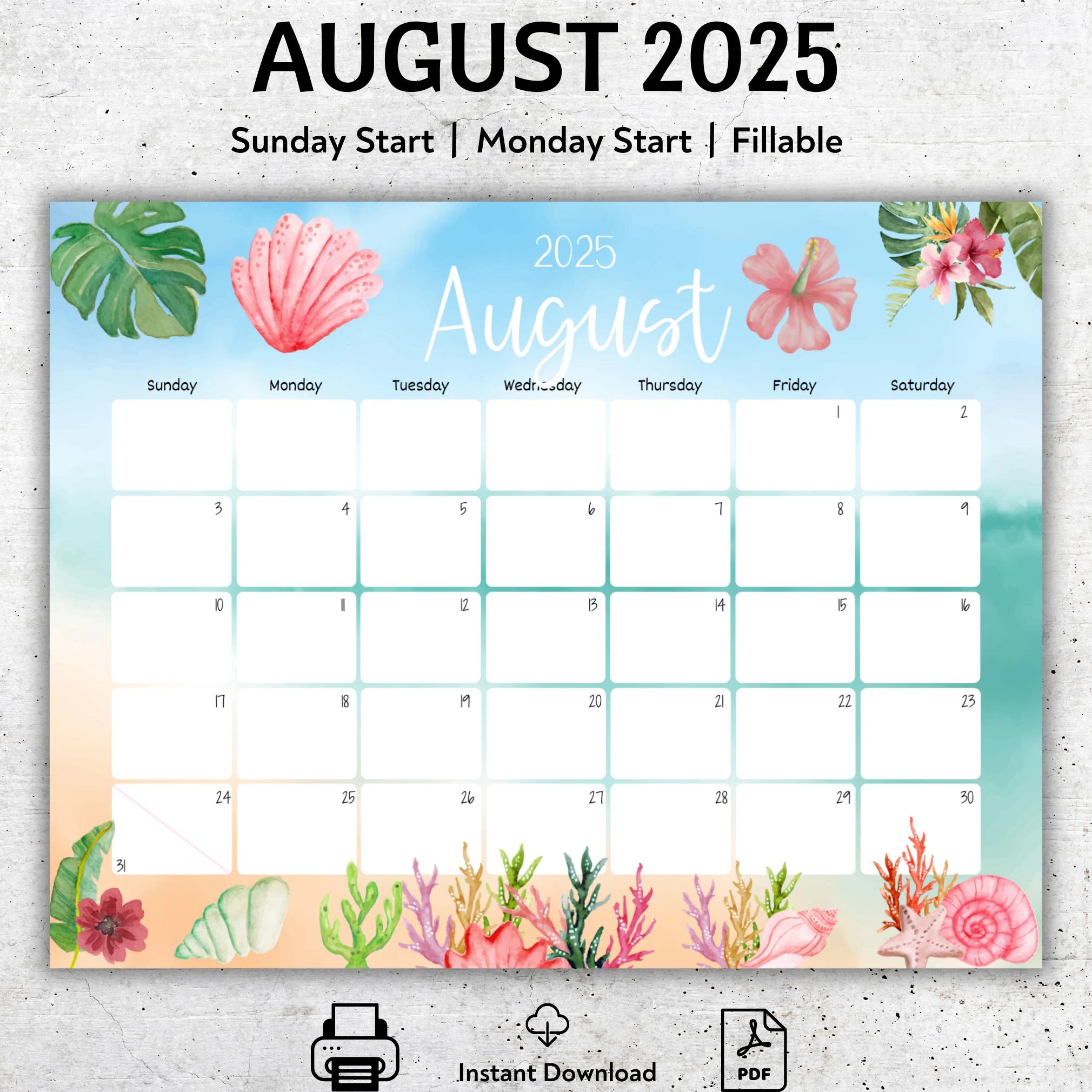 August 2025 Calendar Printable Beach Theme Monthly Planner Editable PDF Template Sunday Or Monday Start Instant Download Etsy