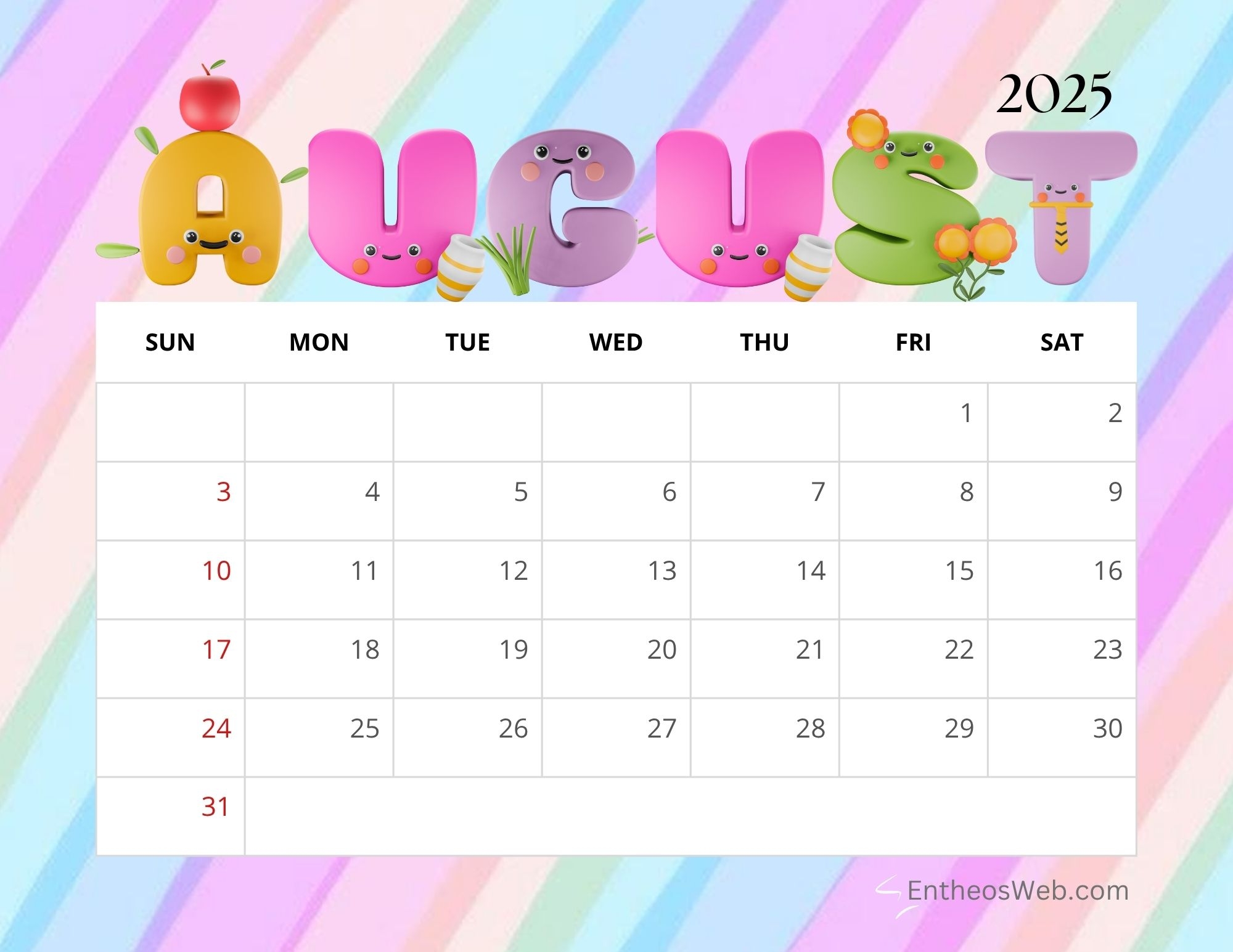 August 2025 Calendar Printables EntheosWeb