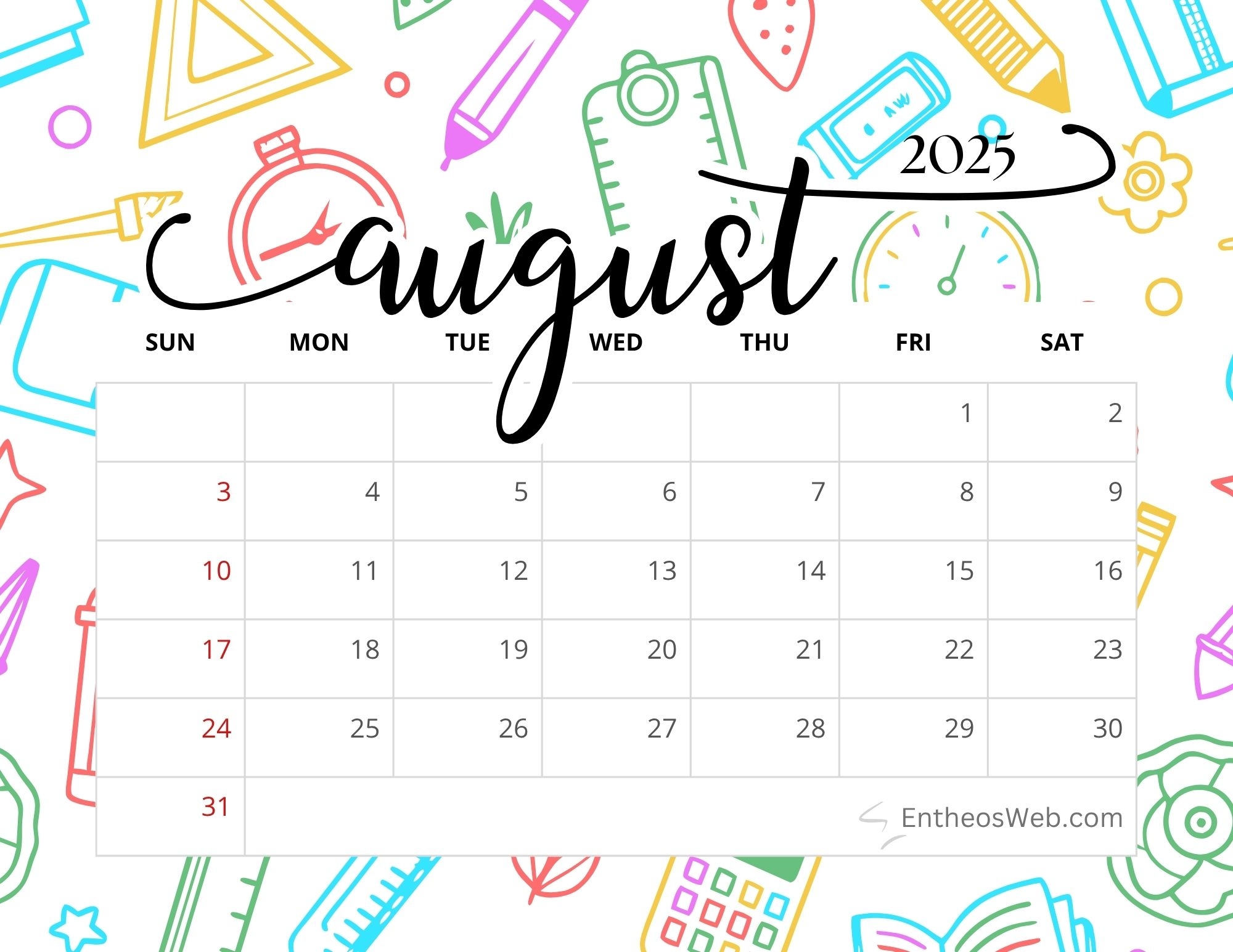 August 2025 Calendar Printables EntheosWeb