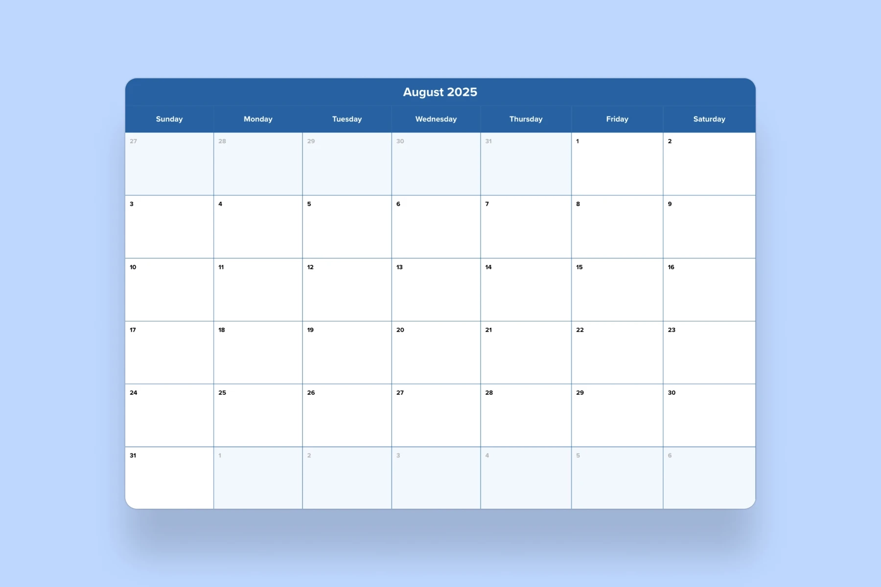 August 2025 Calendar Template Mural