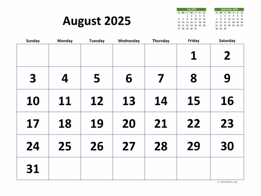 August 2025 Calendar With Extra large Dates WikiDates