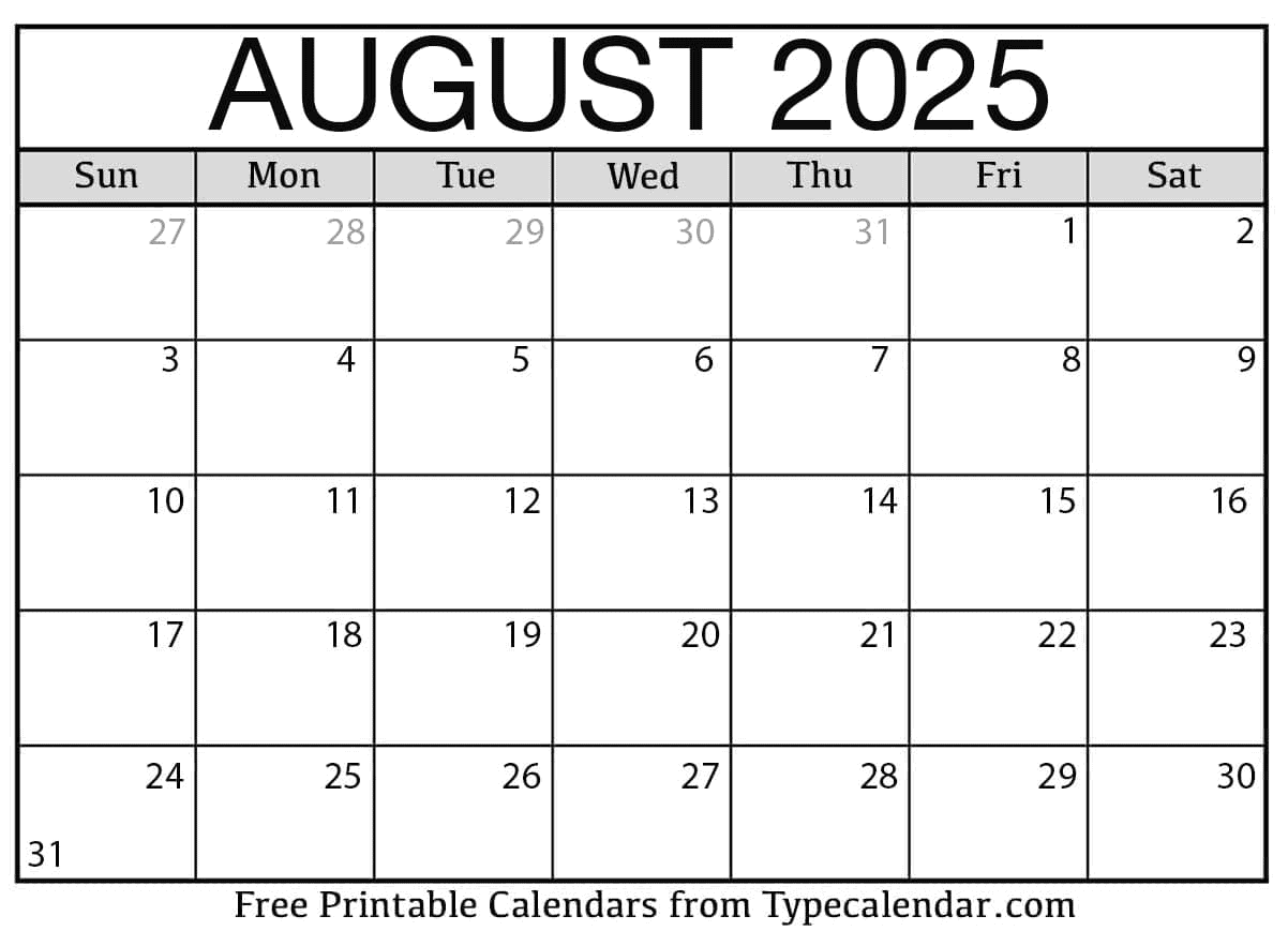 August 2025 Calendars Free Printable Templates