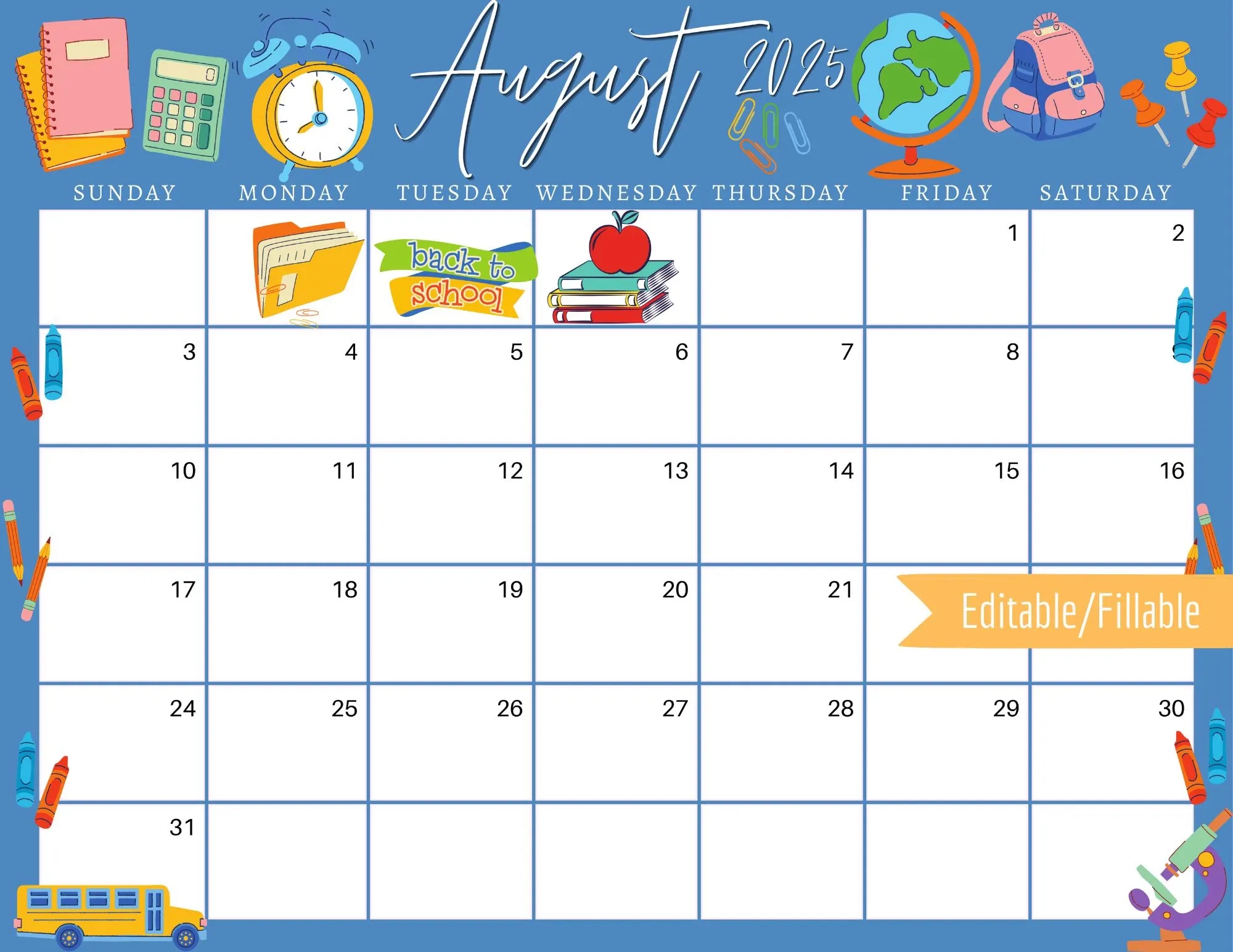 August 2025 Digital Calendar Back To School Planner Editable Fillable Printable Calendar For Planning PDF PNG And JPG Download Etsy