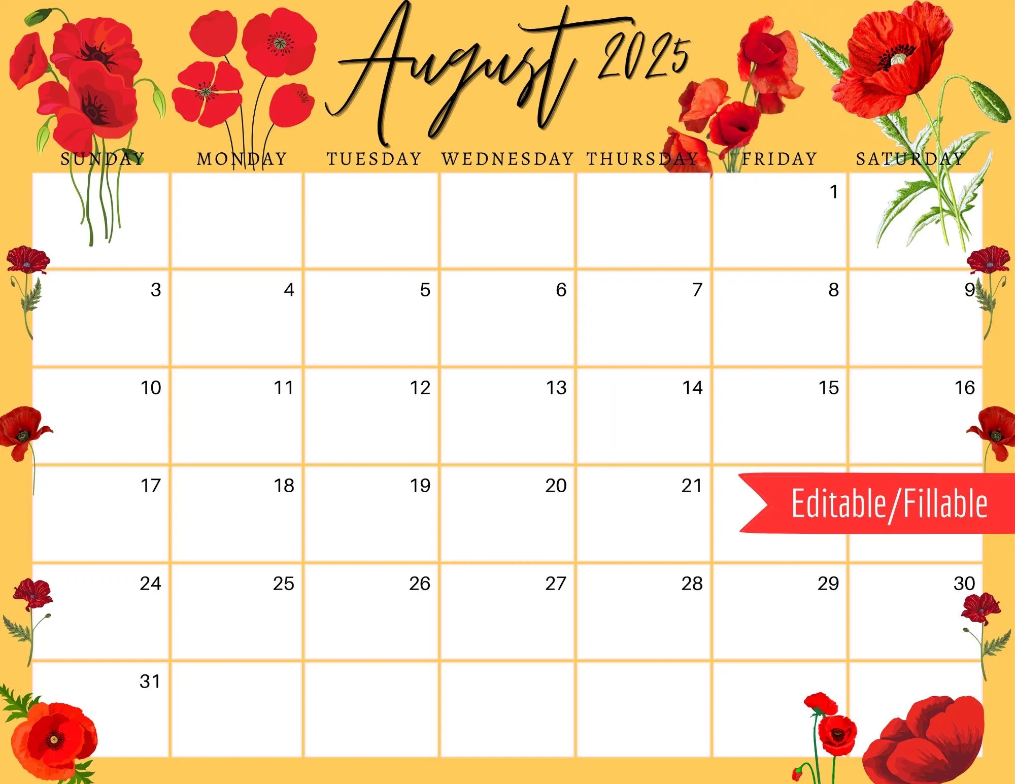 August 2025 Digital Calendar Red Poppy Flowers Planner Editable Fillable Printable Calendar For Planning PDF PNG And JPG Download Etsy