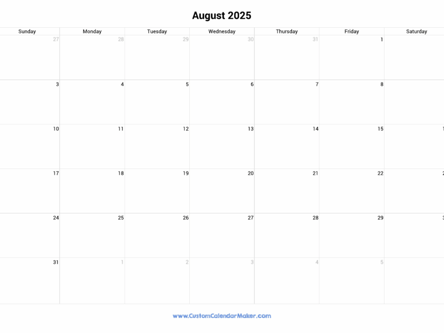 August 2025 Landscape Calendar With Large Boxes Custom Calendar Maker