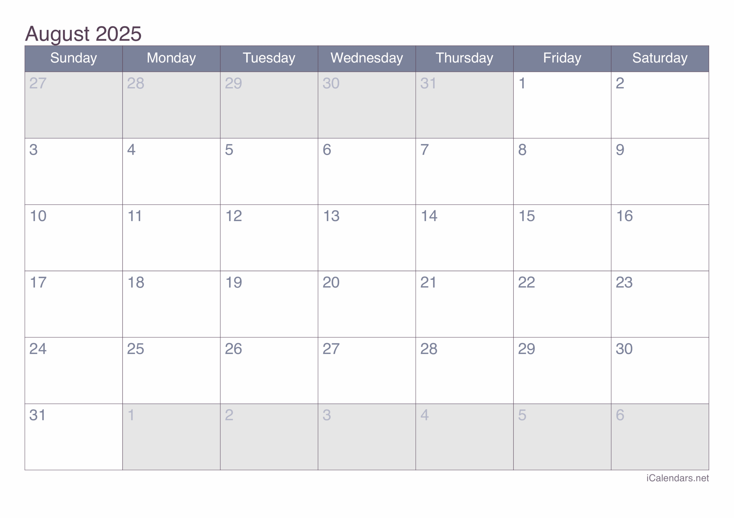 August 2025 Printable Calendar