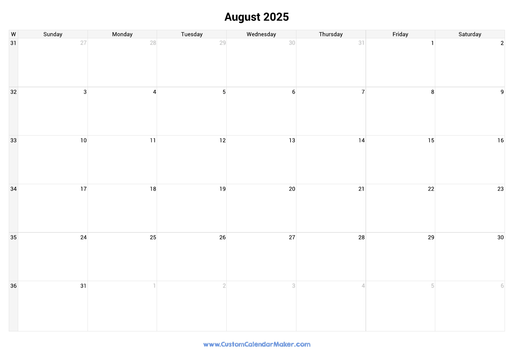 August 2025 Printable Calendar With Week Numbers Custom Calendar Maker