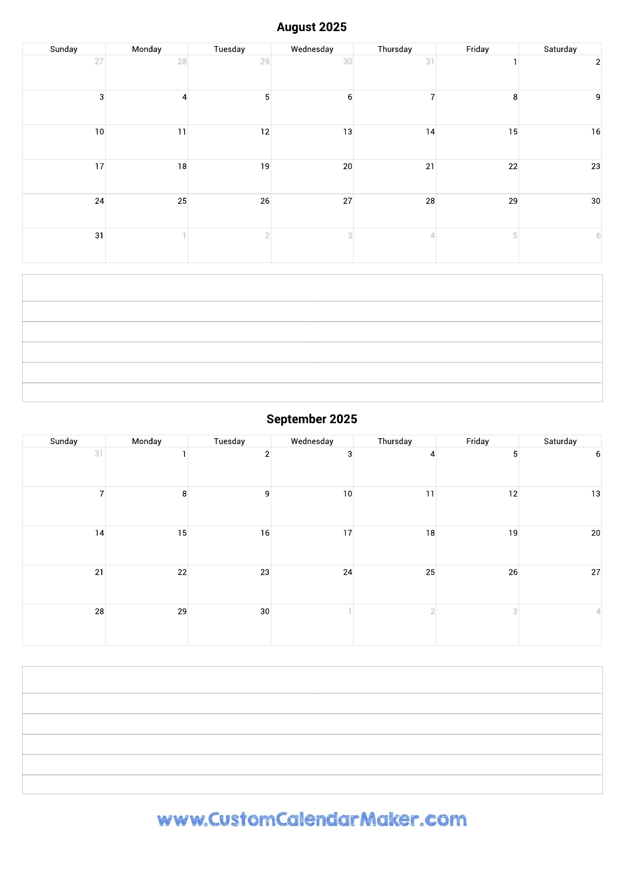 August And September 2025 Calendar Custom Calendar Maker