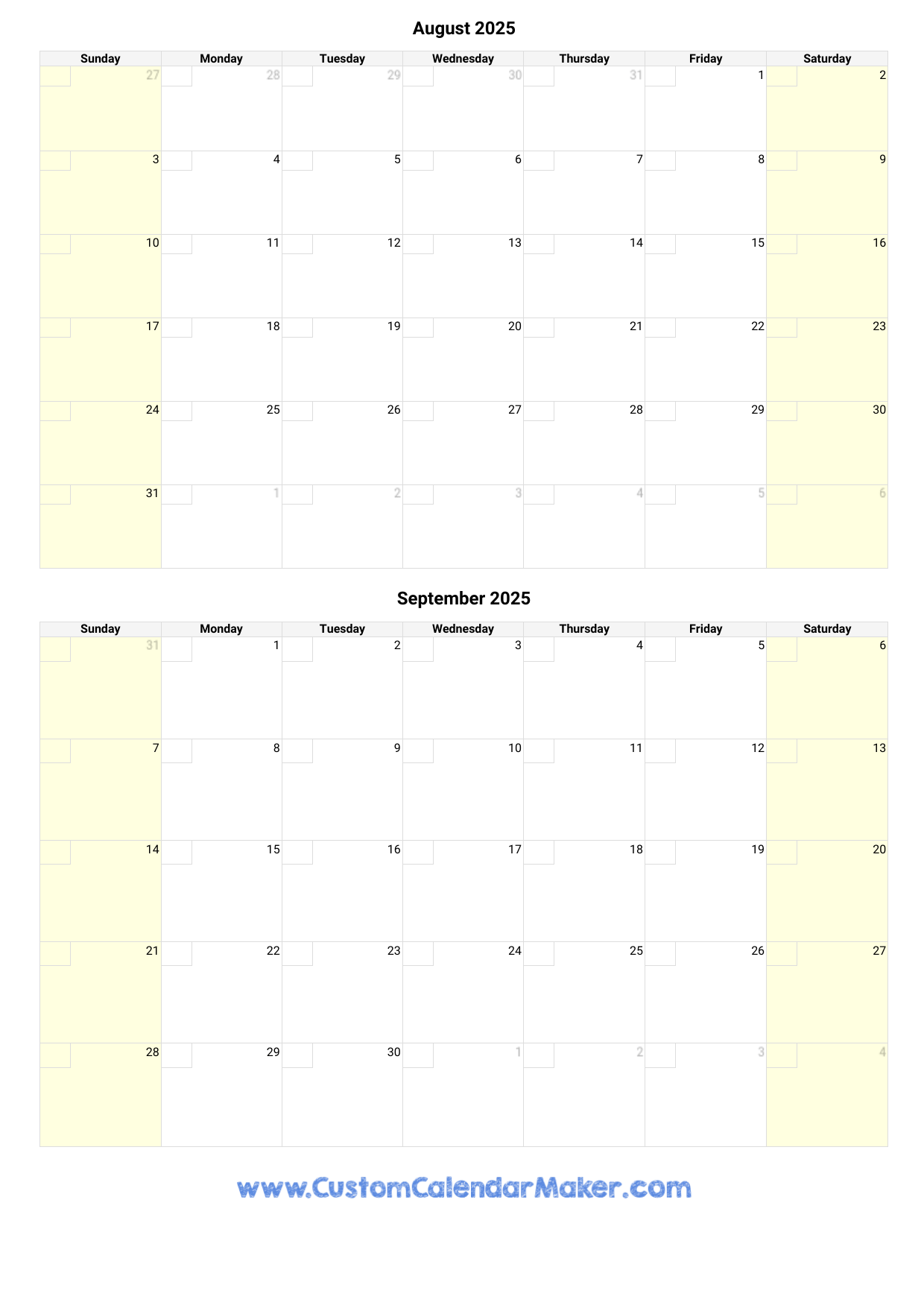 August And September 2025 Calendar Custom Calendar Maker