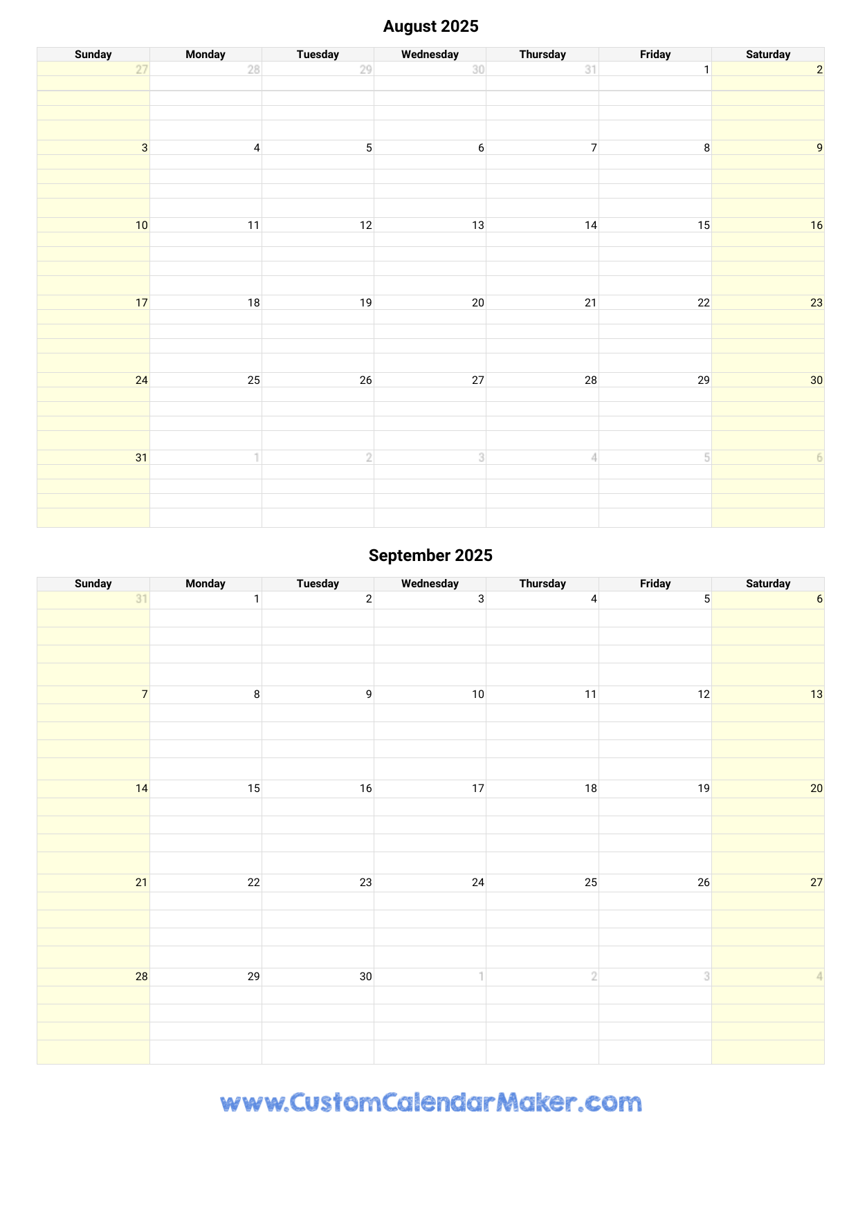August And September 2025 Calendar Custom Calendar Maker