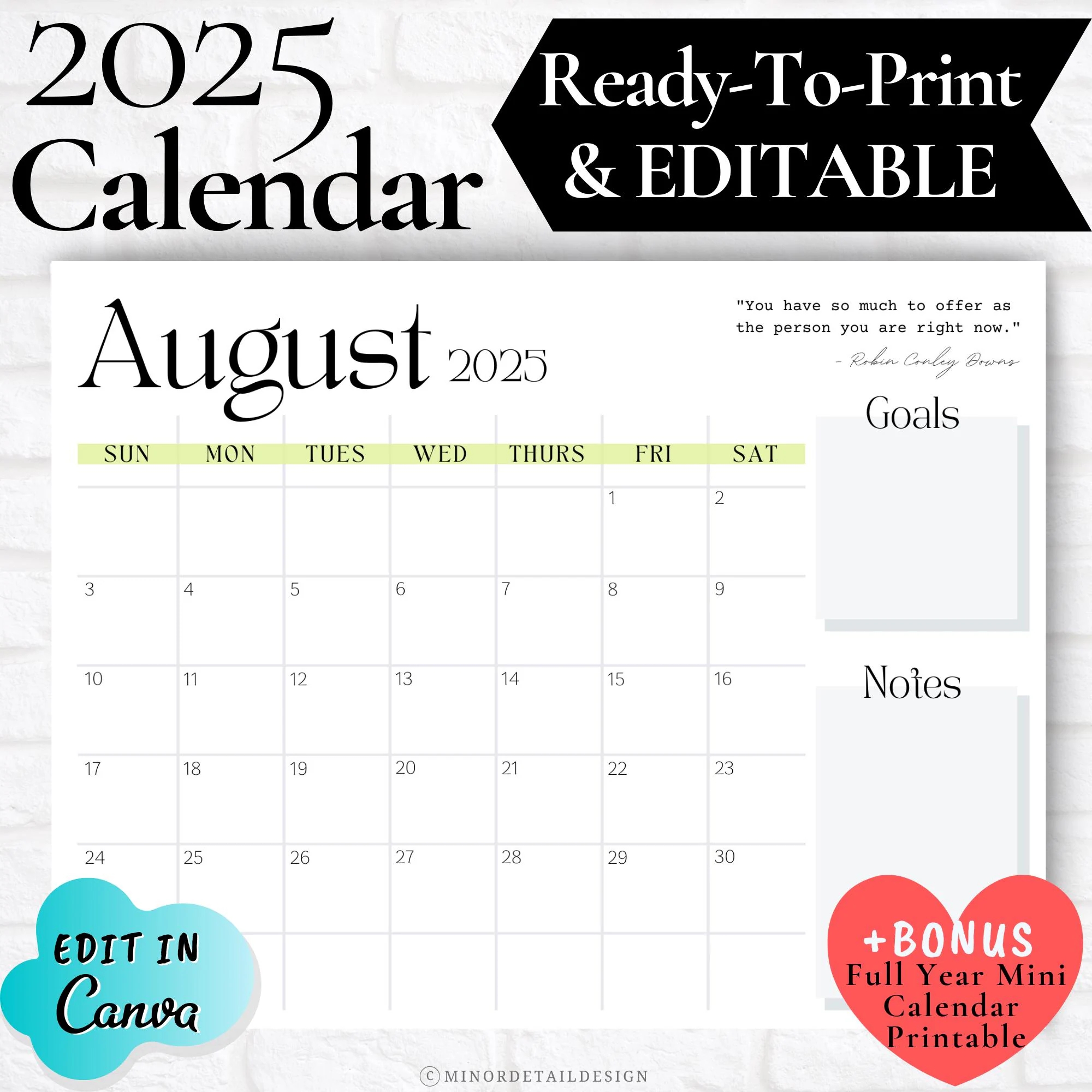 August Calendar Printable August Calendar 2025 August Calendar Planner desk Calendar calendar With Notes Section minimalist White Calendar Etsy