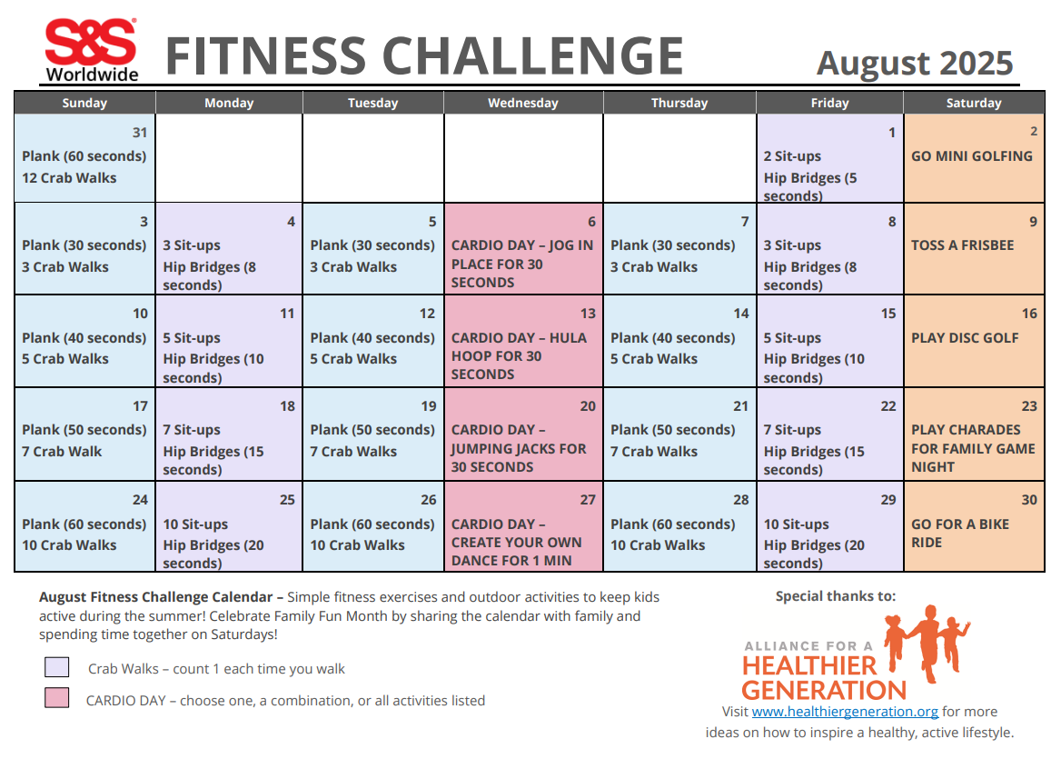 August Printable Fitness Challenge Calendar S S Blog