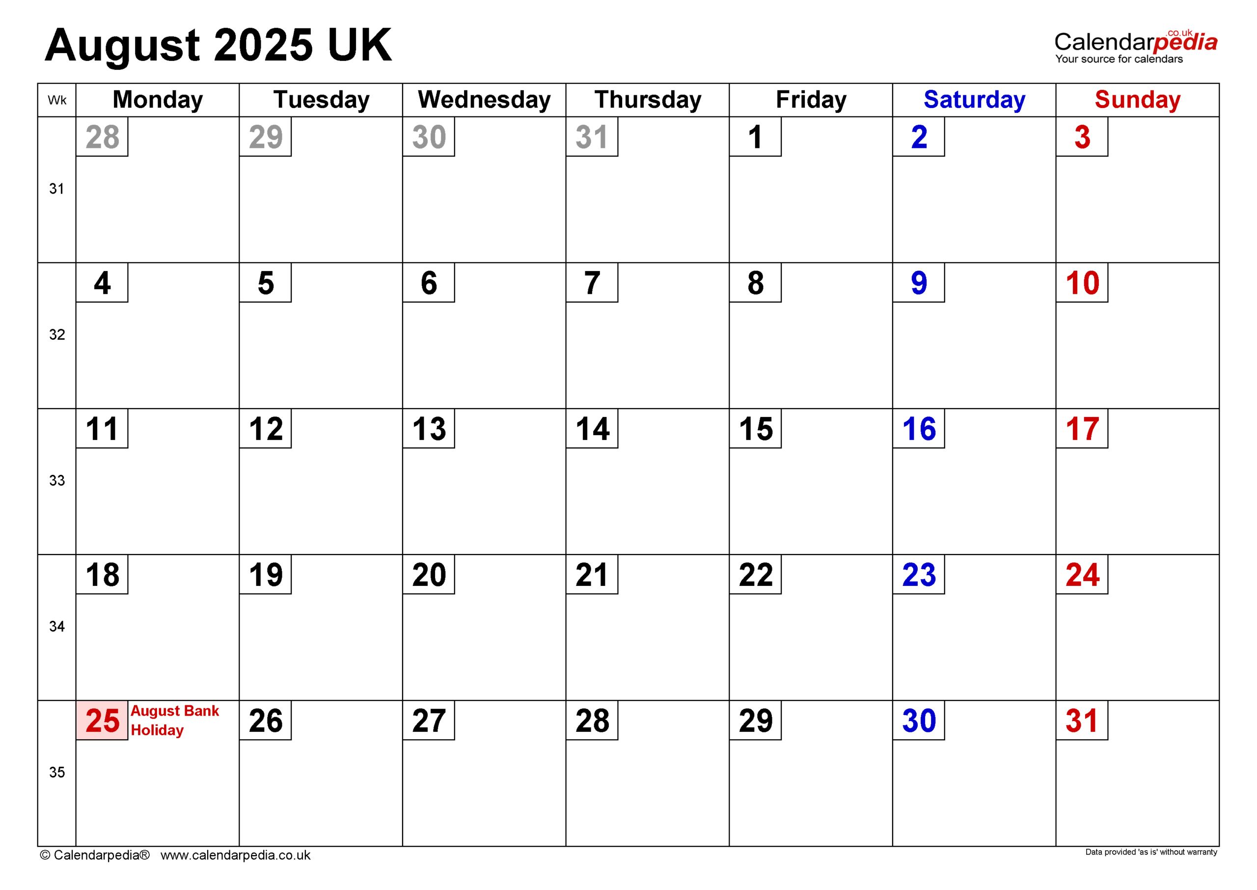 Calendar August 2025 UK With PDF Excel And Word Templates