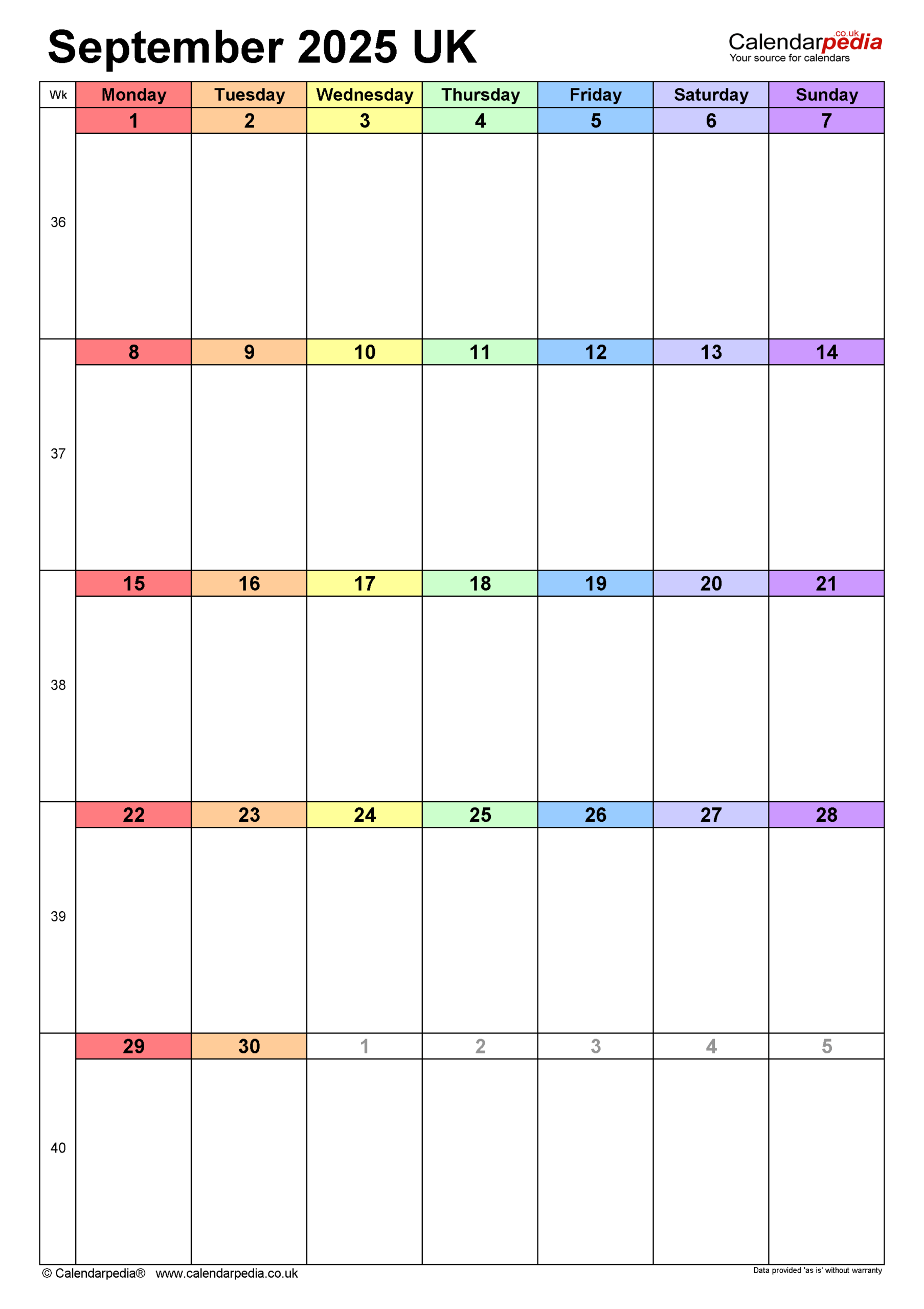 Calendar September 2025 UK With PDF Excel And Word Templates