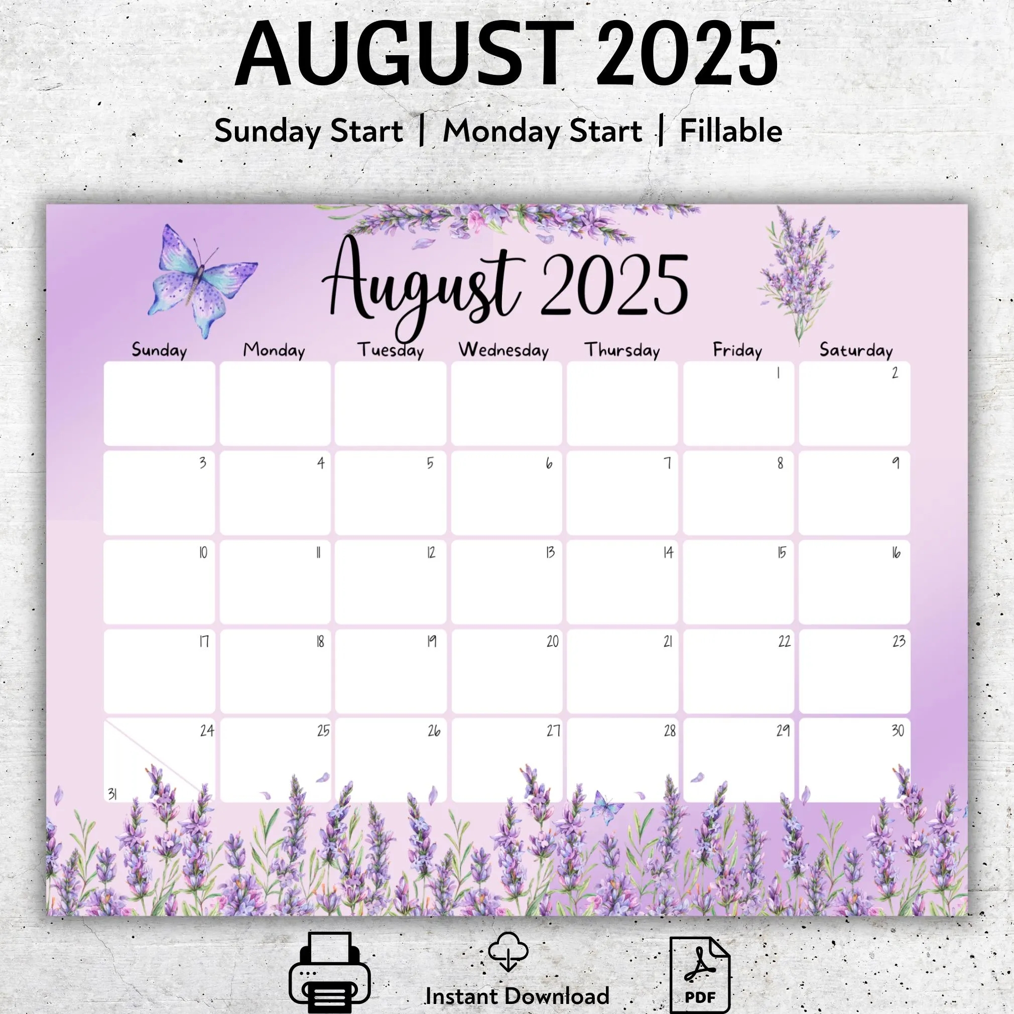 EDITABLE August 2025 Calendar Beautiful Butterfly And Lavender Printable Vacation Planner August Monthly Schedule Instant Download Etsy