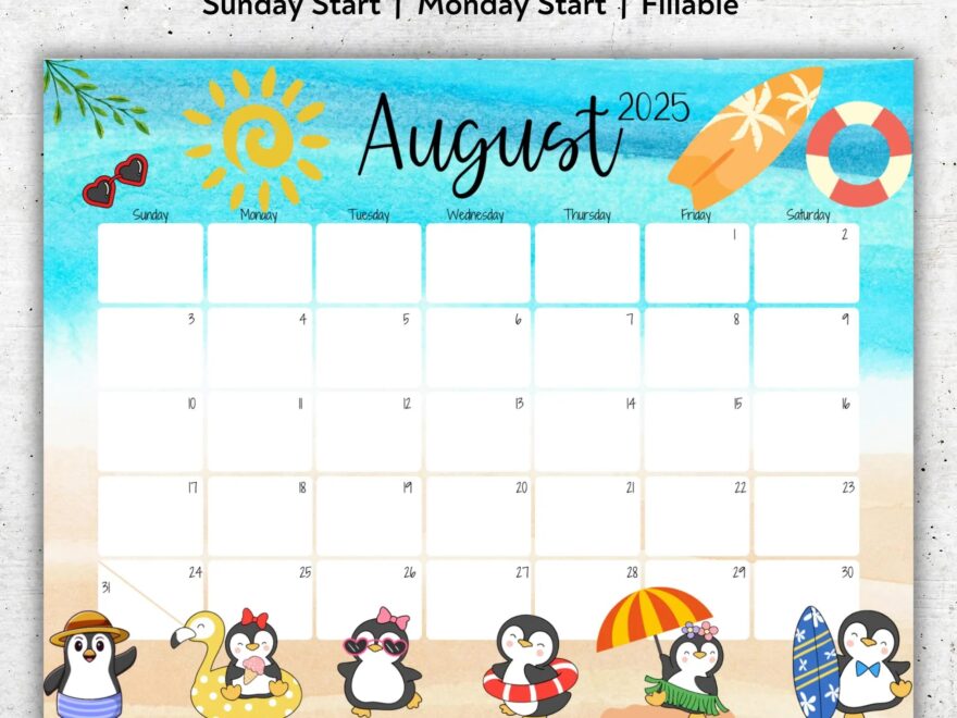 EDITABLE August 2025 Calendar Beautiful Summer Cute Penguins Colorful Printable Vacation Planner Simple Organizer Instant Download Etsy