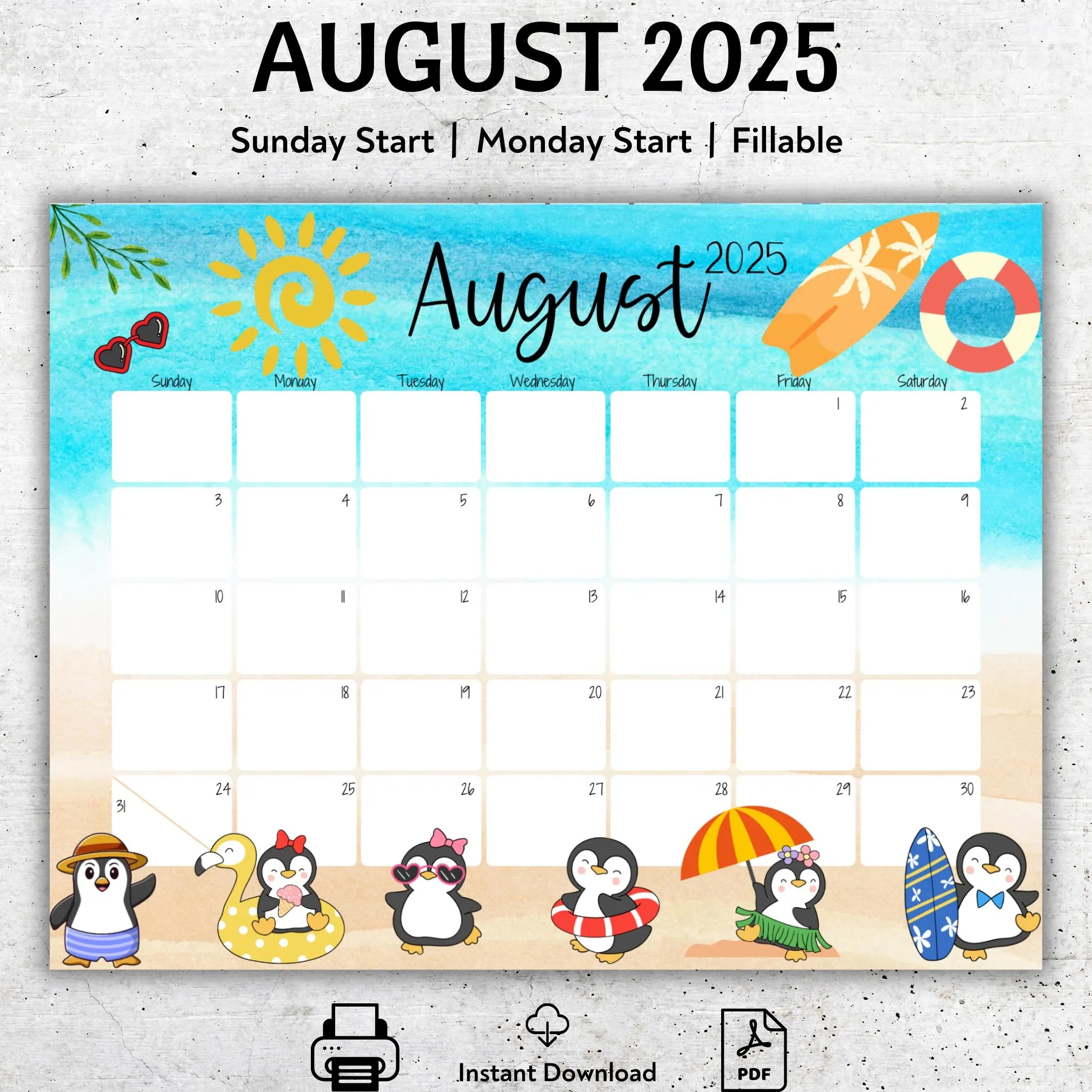 EDITABLE August 2025 Calendar Beautiful Summer Cute Penguins Colorful Printable Vacation Planner Simple Organizer Instant Download Etsy