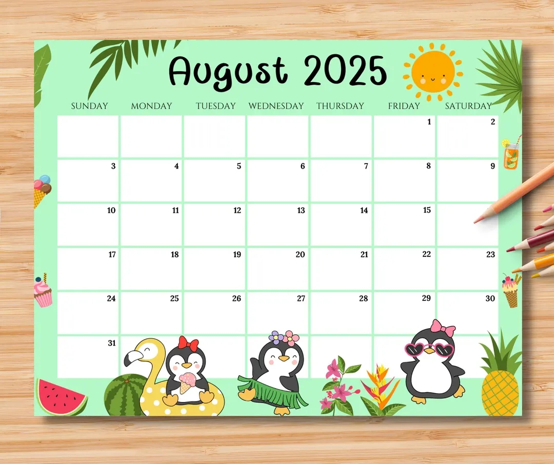 EDITABLE August 2025 Calendar Cheerful Summer W Cute Penguin Planner Printable Monthly Calendar For Kids School Home Office Work Digital Etsy