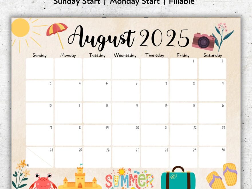 EDITABLE August 2025 Calendar Printable Vacation Planner Wonderful Summer August Monthly Schedule Fillable August Calendar 2025 August Etsy