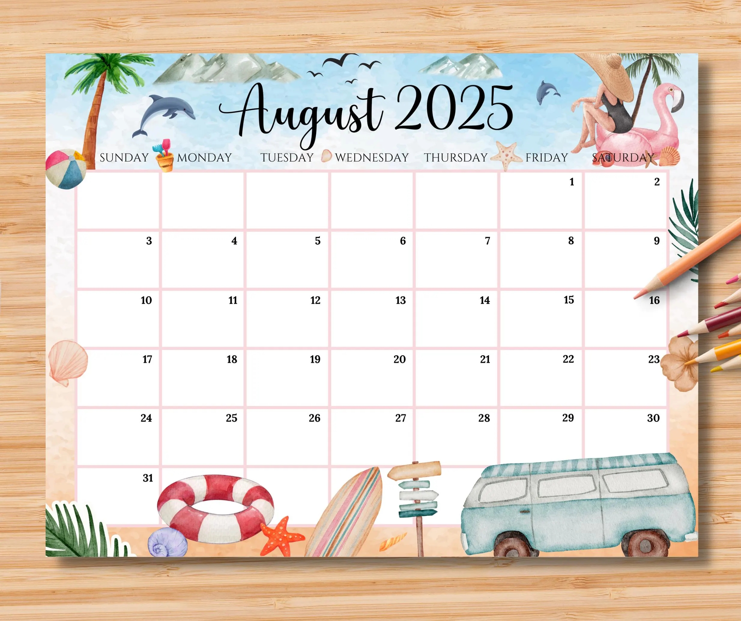 EDITABLE August 2025 Calendar Relaxing Summer At The Beach With Coconut Tree Printable Fillable Planner For Home Work Instant Download Etsy