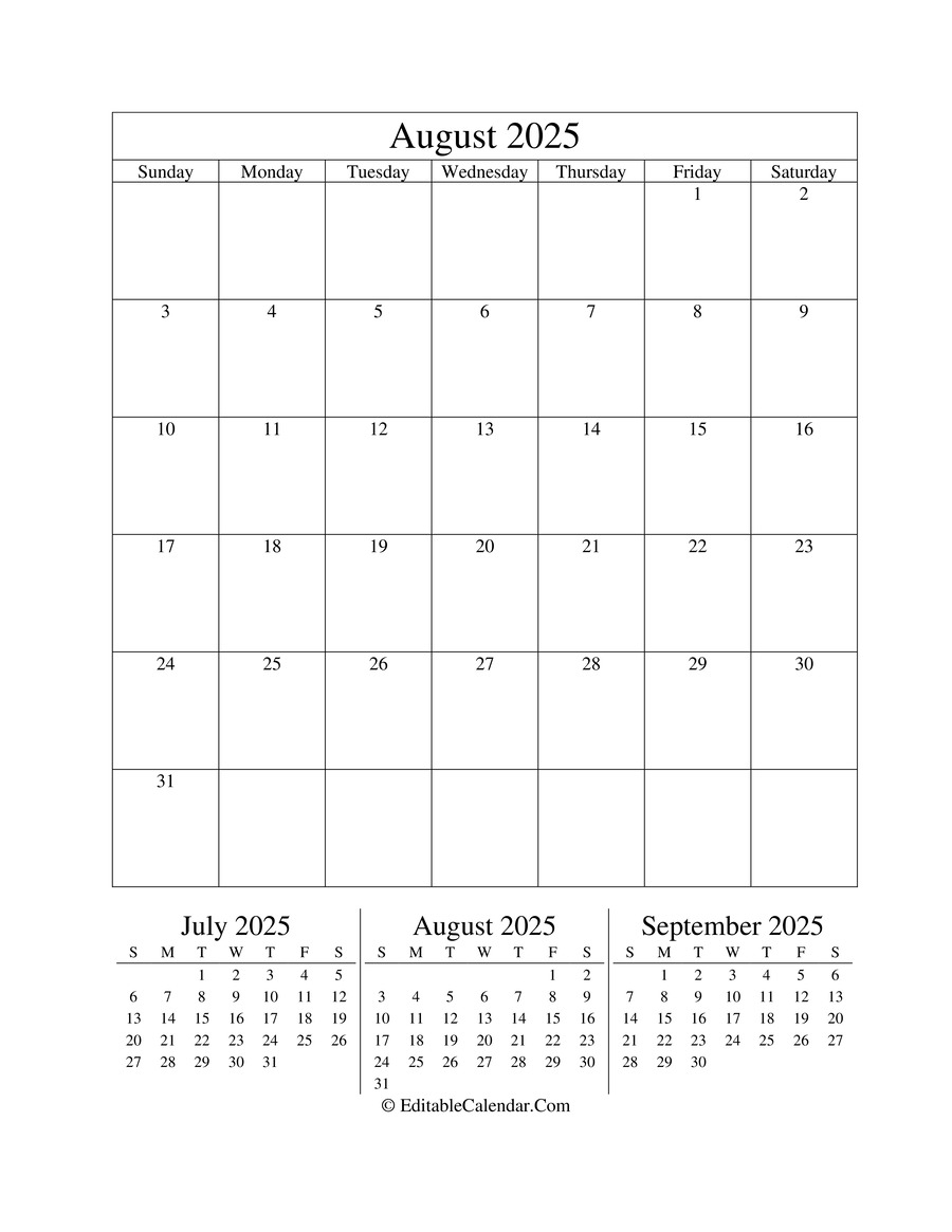 Editable Calendar August 2025