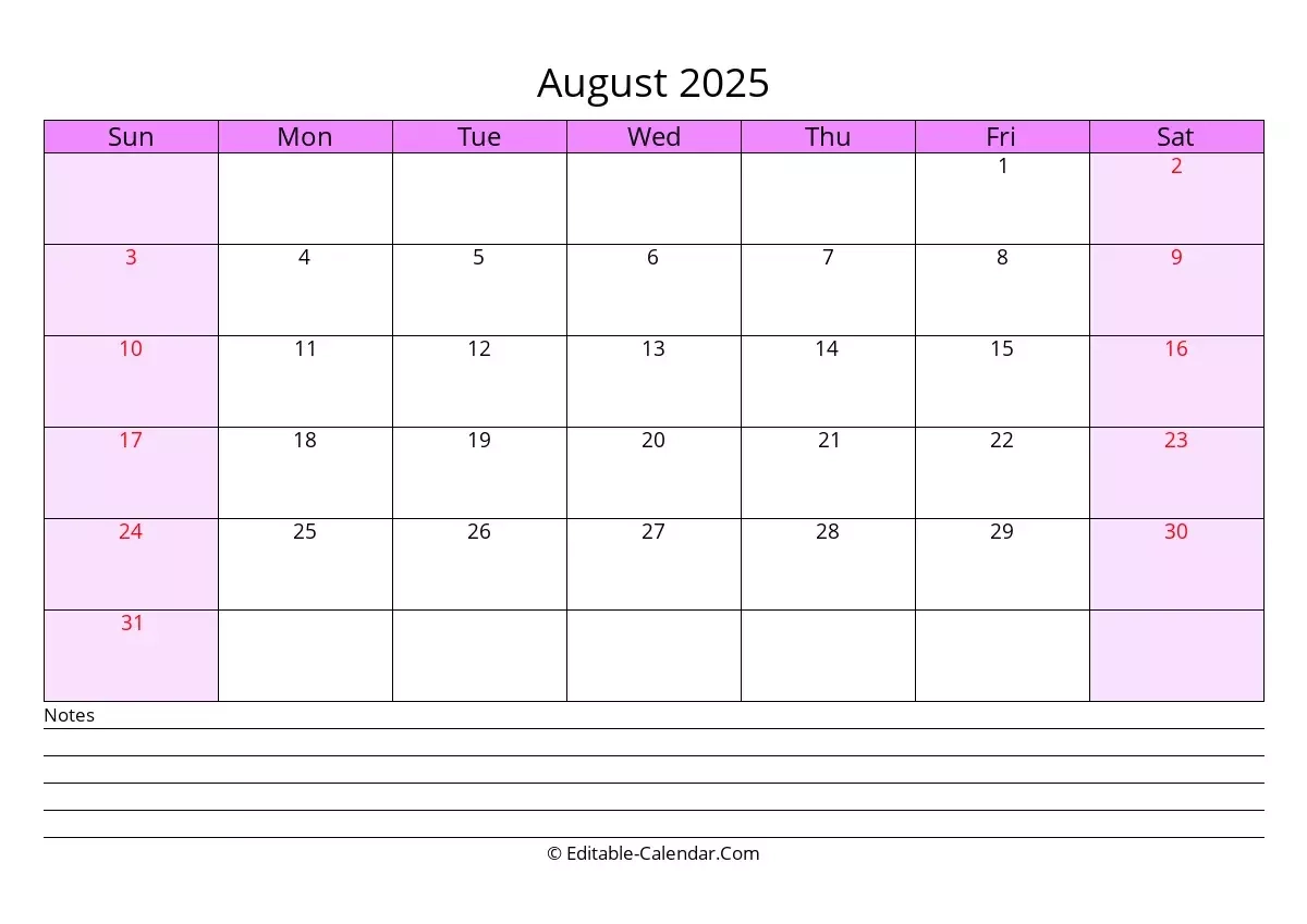 Blank Calendar For August 2025 Printable