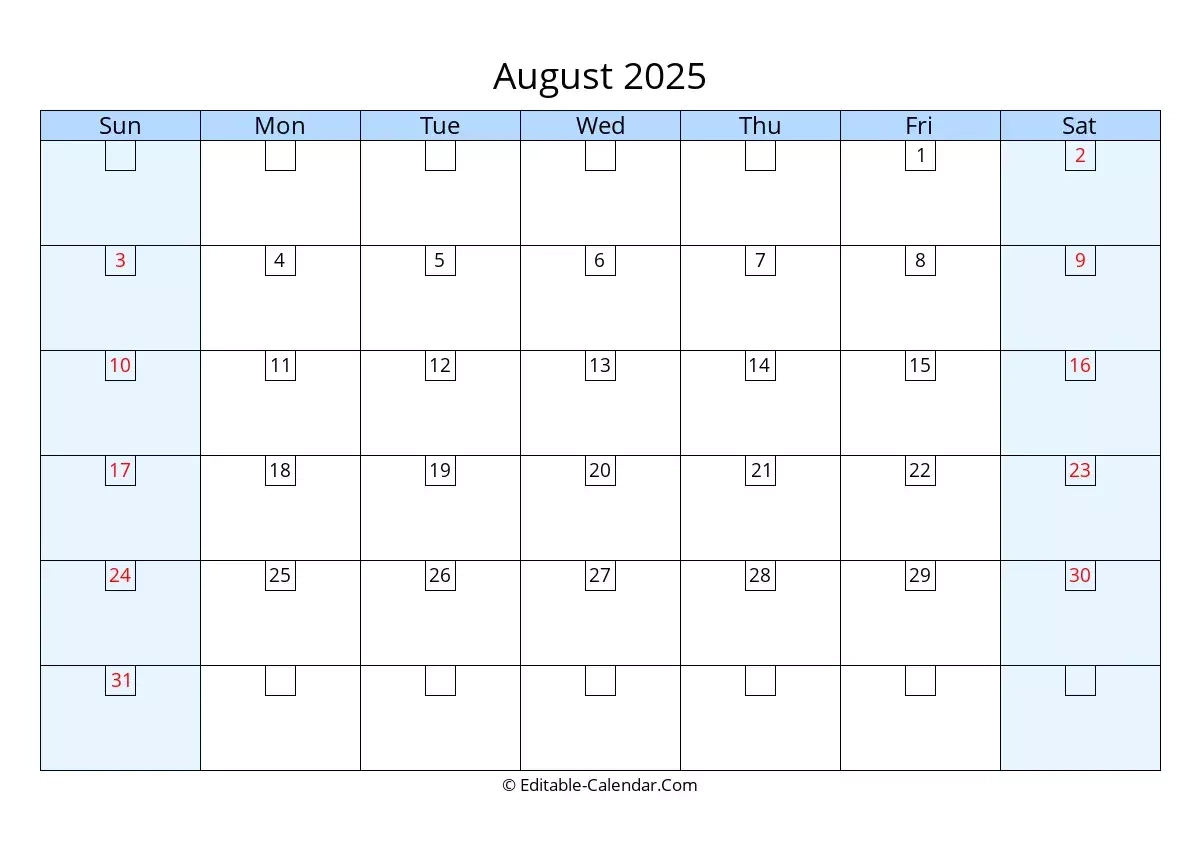 Editable Calendar August 2025 In Excel Word PDF