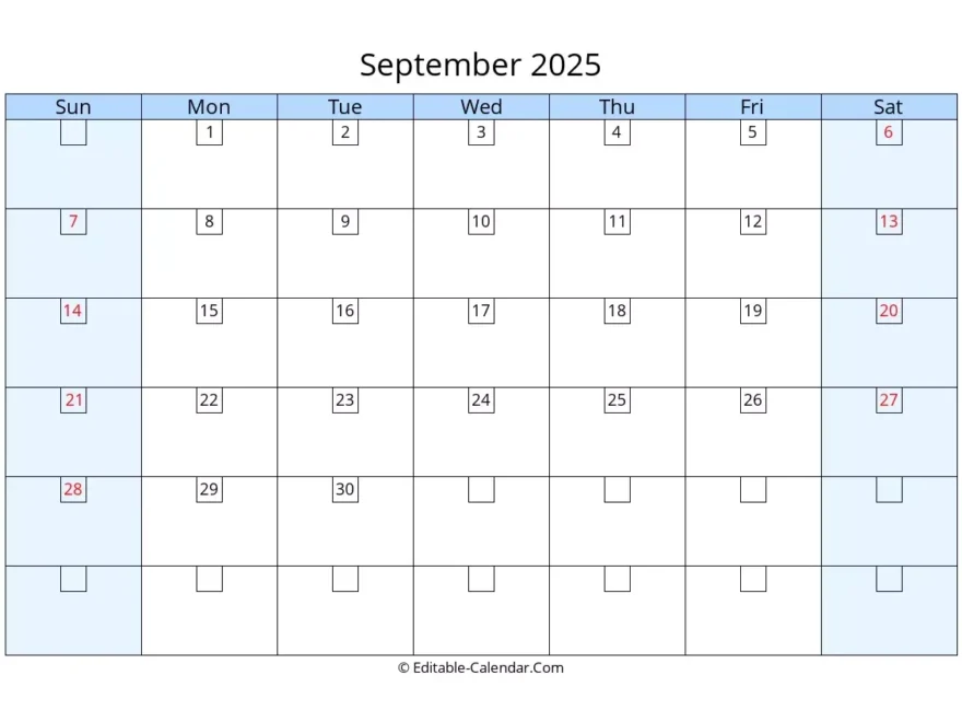 Editable Calendar September 2025 In Excel Word PDF