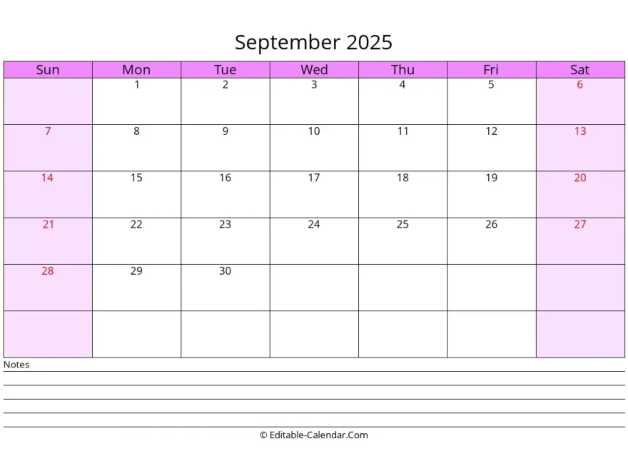 Editable Calendar September 2025 In Excel Word PDF
