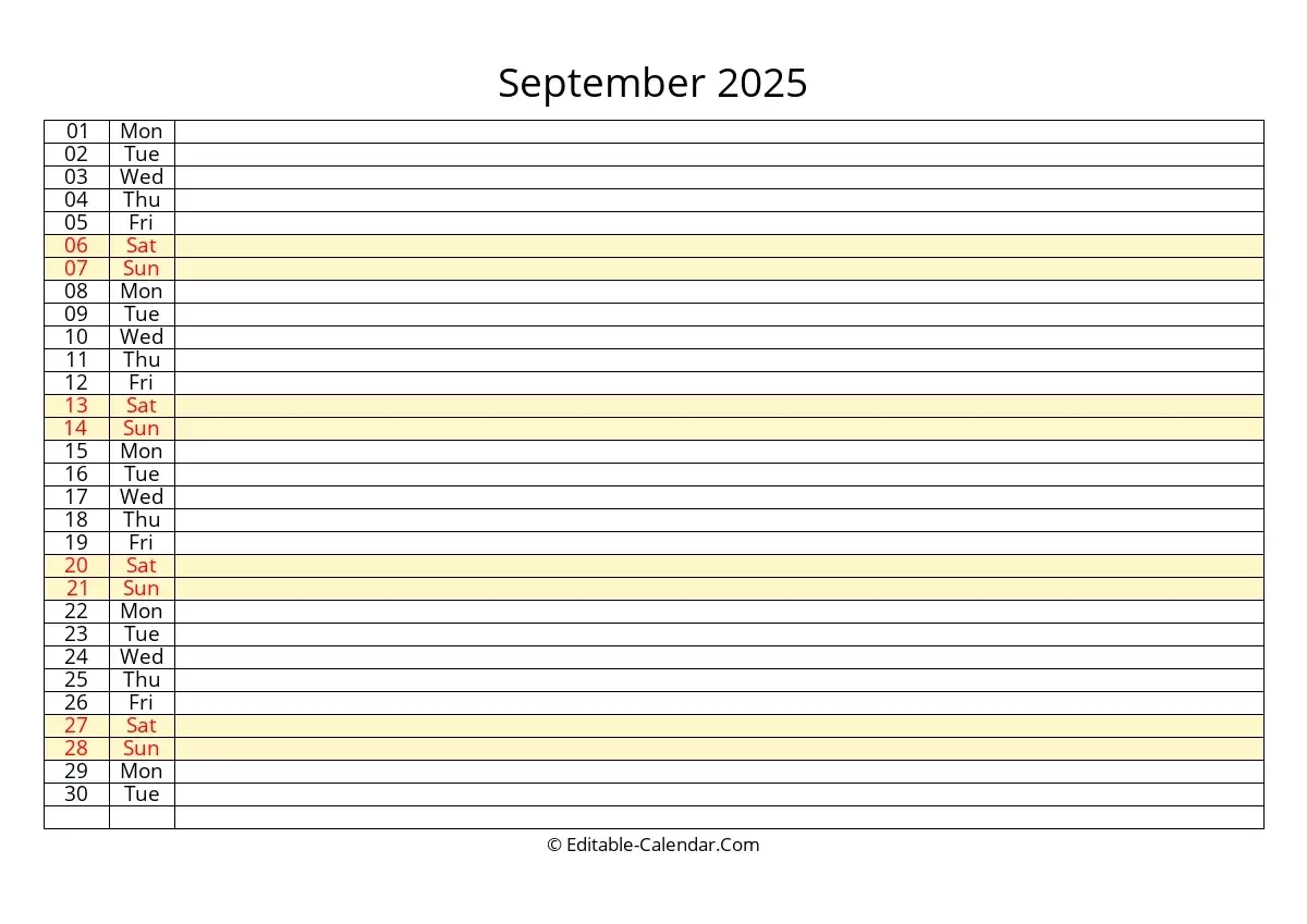 Editable Calendar September 2025 In Excel Word PDF