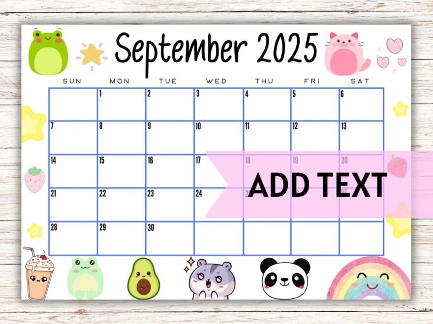 EDITABLE Printable September Calendar 2025 Cute Kid s Kawaii September Calendar W Boba Tea Printable Wall Calendar 2025 Etsy