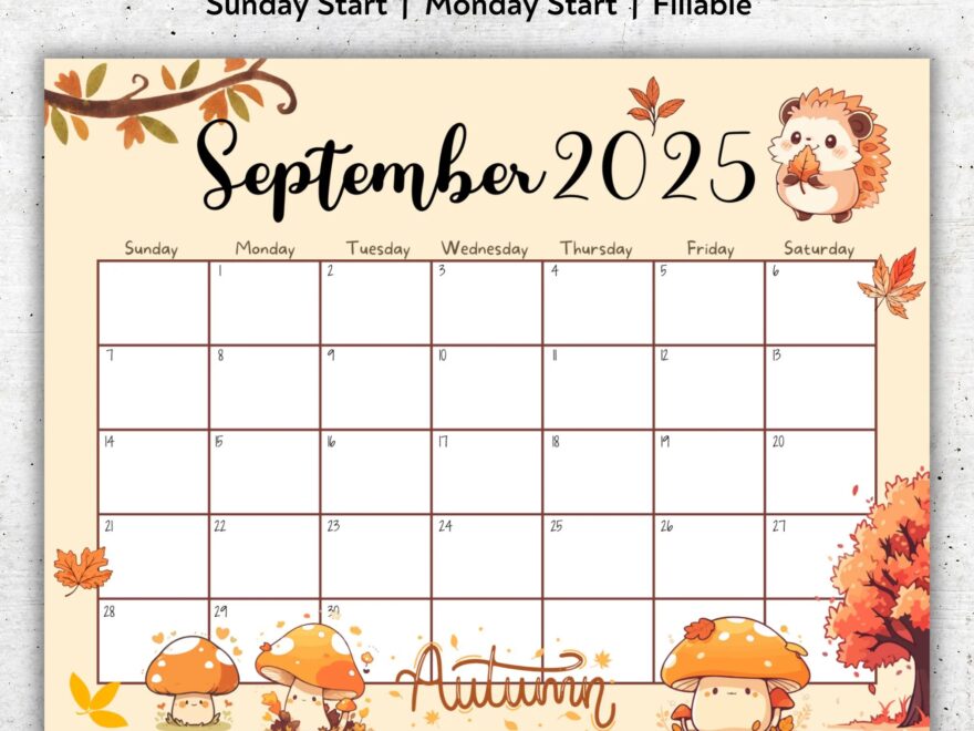 EDITABLE September 2025 Calendar Autumn Colors Printable Fillable September Planner Homeschool Calendar Beautiful Fall Cute Mushrooms Etsy