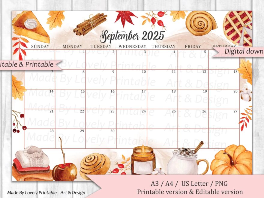 EDITABLE September 2025 Calendar Cozy Autumn Mood Beautiful Fall Autumn Autumn Calendar Printable Fillable Planner Kids School Schedule Etsy